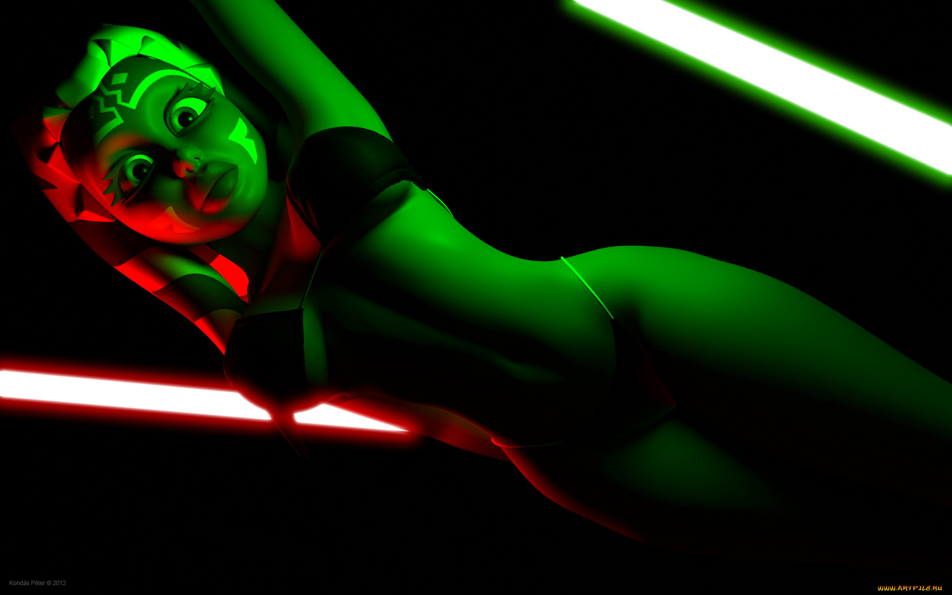 3д, графика, фантазия, , fantasy, взгляд, оружие, огненый, меч, бикини, асока, тано, фон, халк