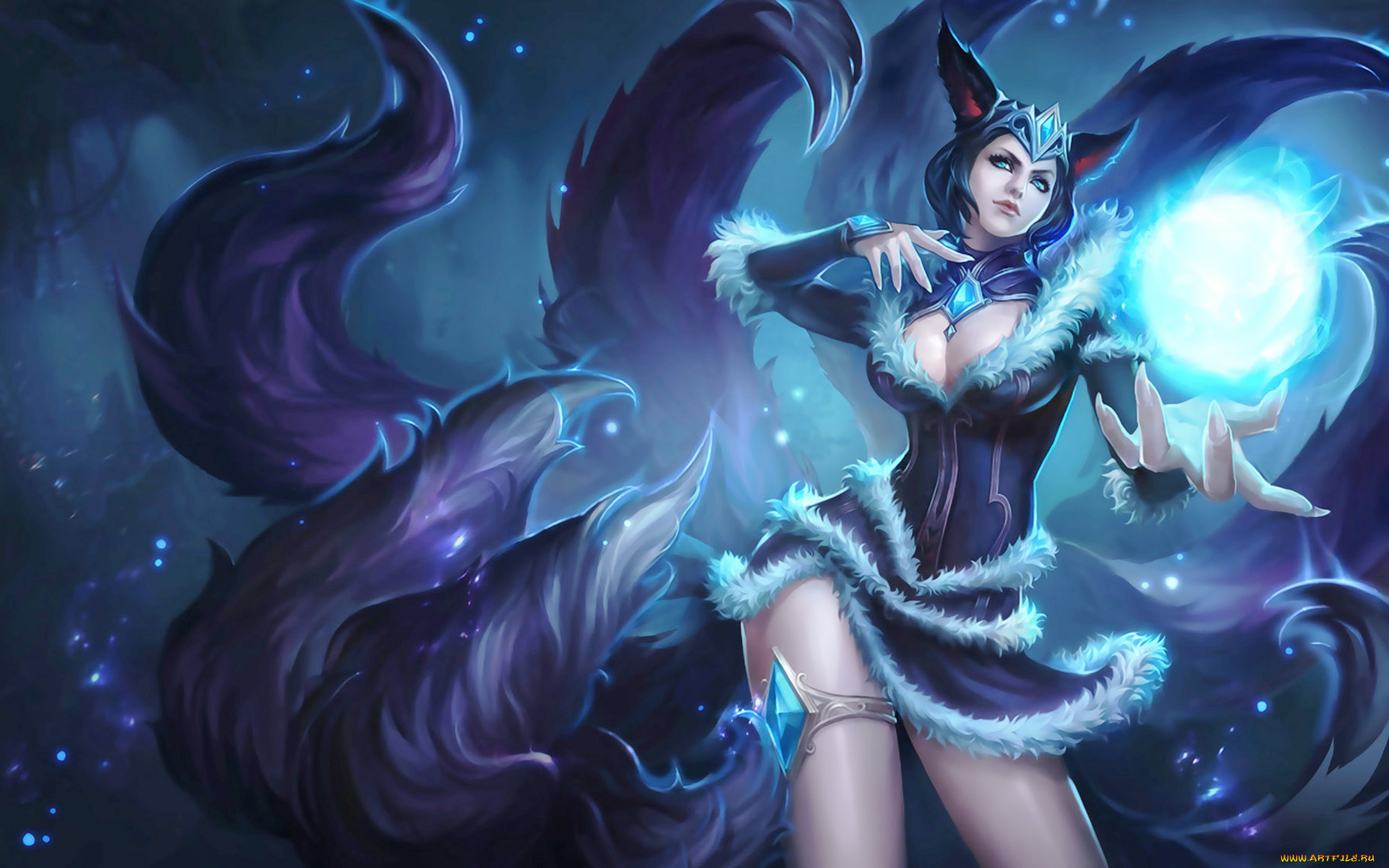 видео, игры, league, of, legends, девушка, арт, взгляд, фон, лиса, хвост, магия, ahri