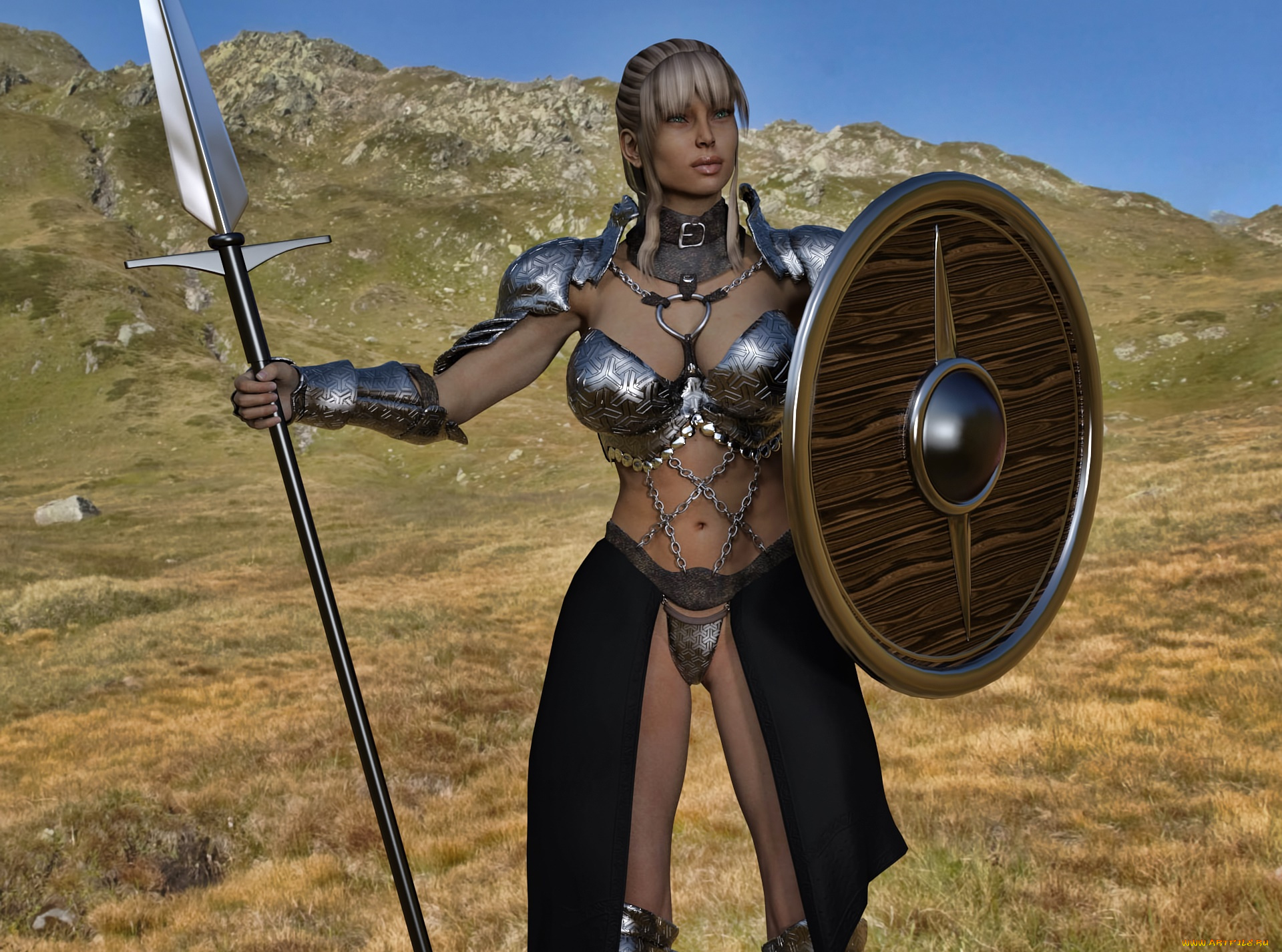 3д, графика, амазонки, , amazon, щит, взгляд, девушка, копье, горы, фон