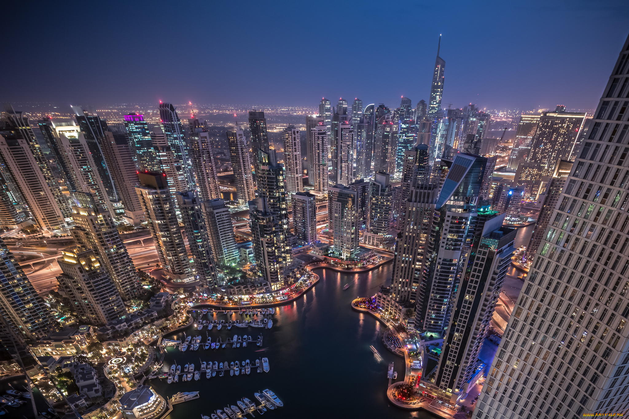 города, дубай, , оаэ, причалы, яхты, город, отражение, бухта, небоскреб, дубаи, ночь