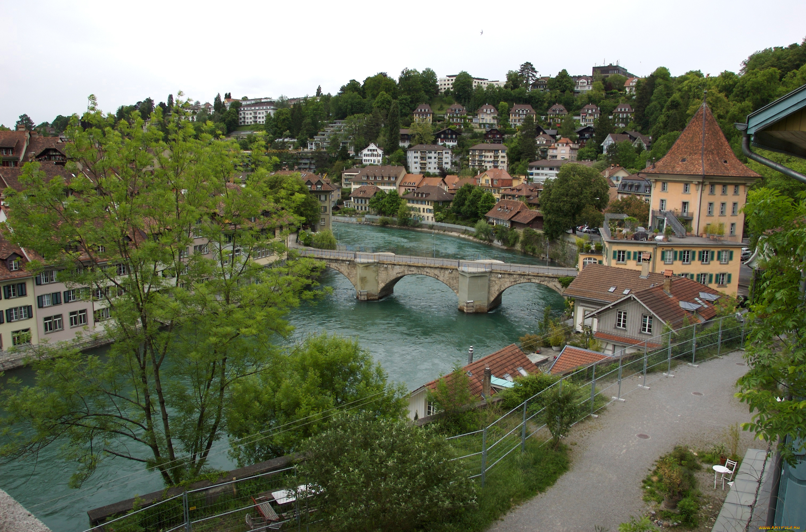 города, берн, , швейцария, деревья, дома, мост, река, небо, берн