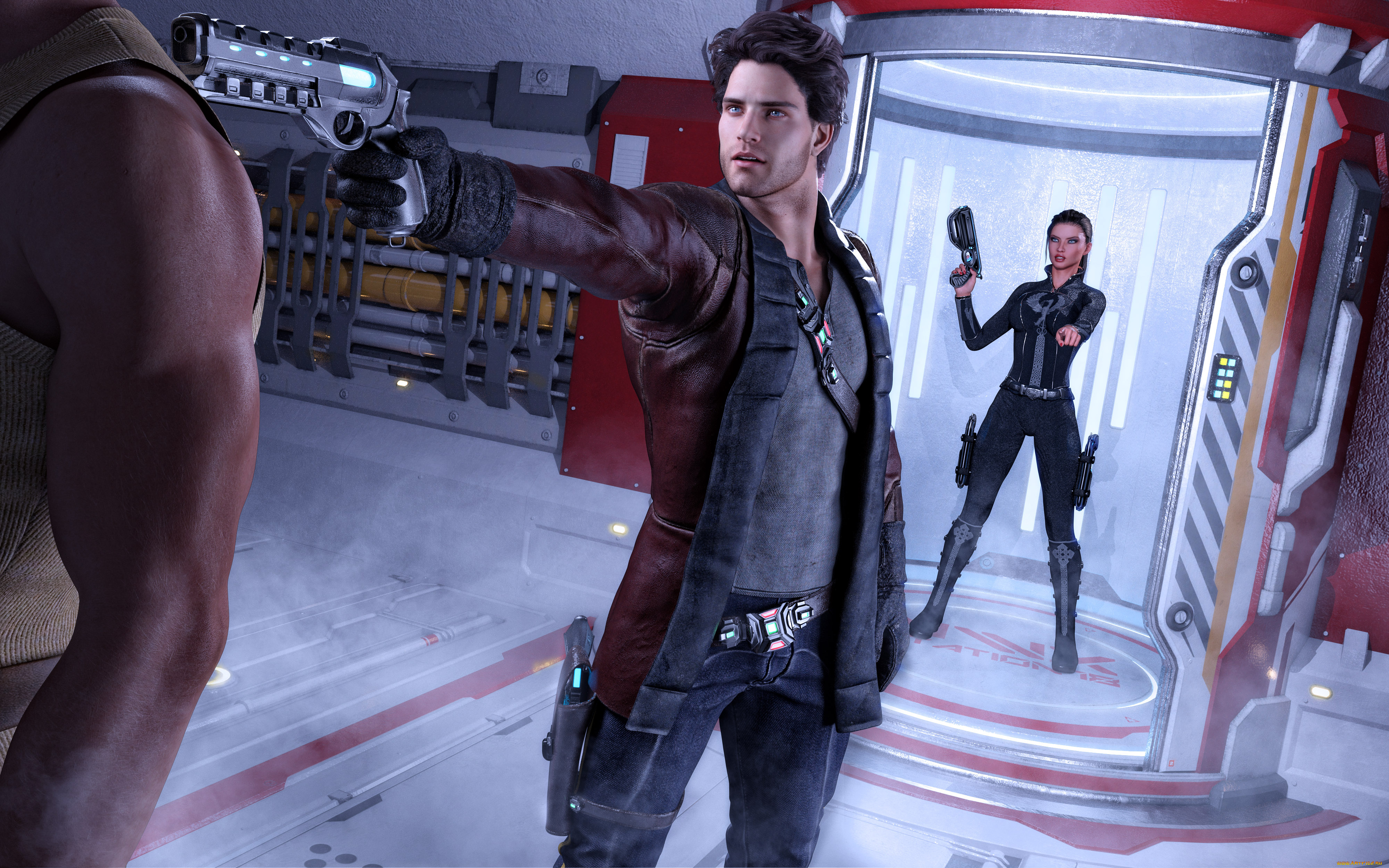 3д, графика, фантазия, , fantasy, парень, фон, оружие, взгляд, девушка