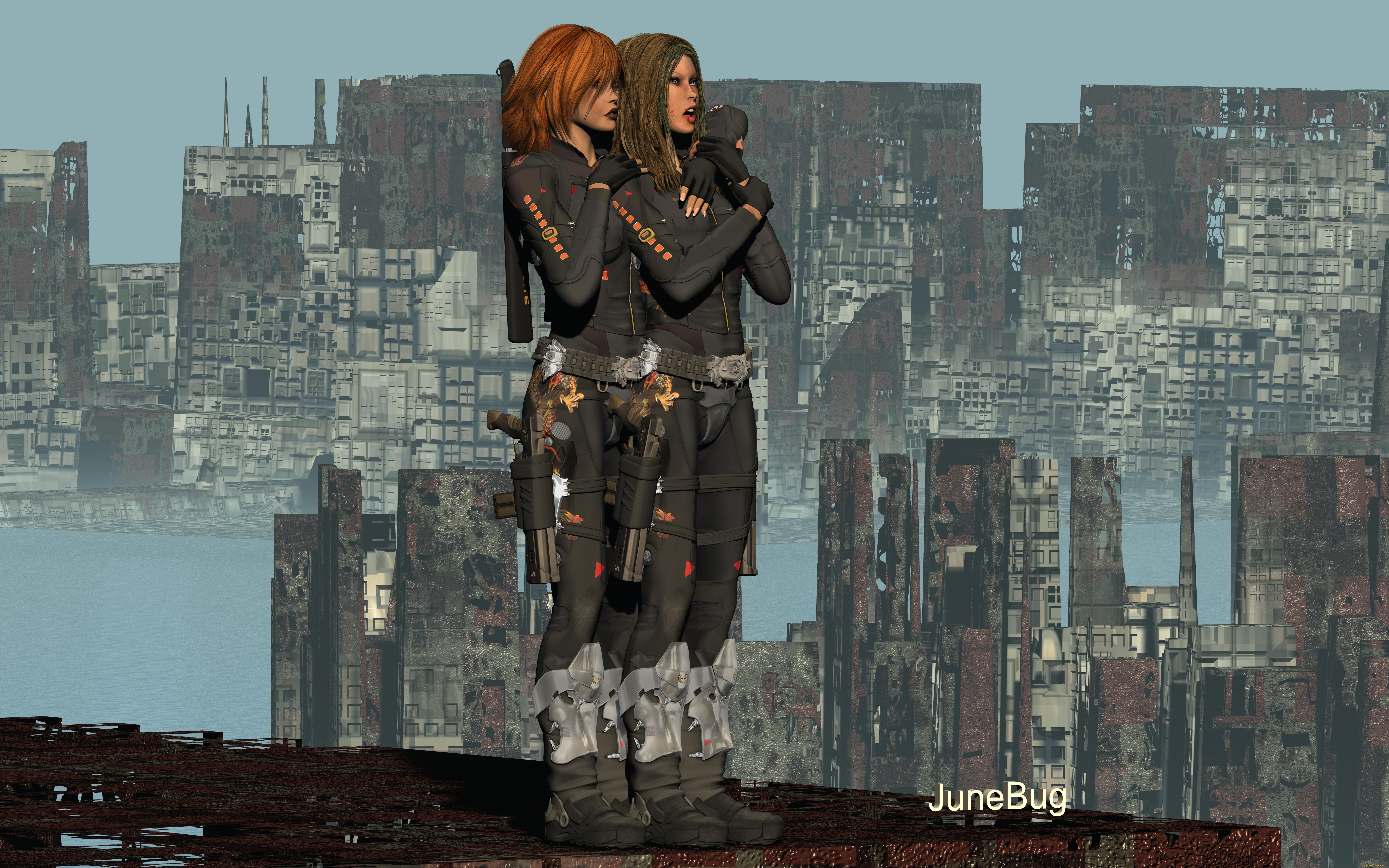 3д, графика, фантазия, , fantasy, руины, рыжие, фон, взгляд, девушки