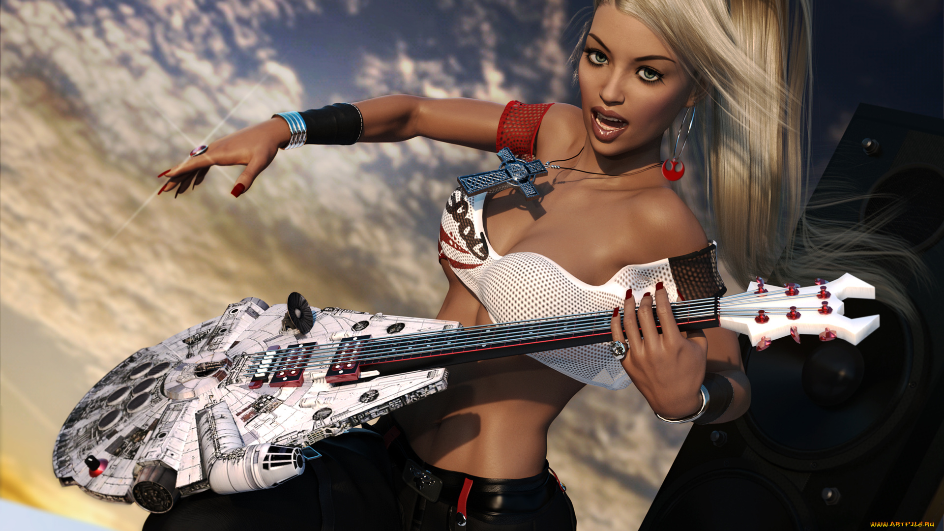 3д, графика, люди, , people, фон, взгляд, девушка, гитара