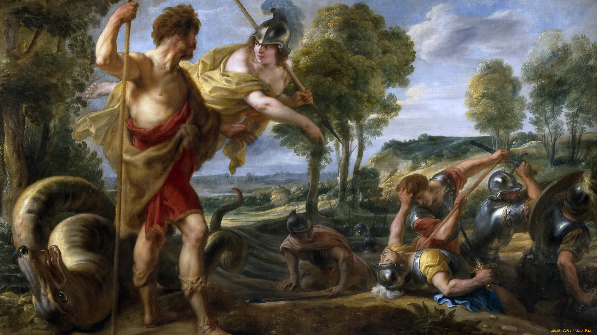 рисованное, jakob, jordaens, Якоб, йорданс, мифология, кадм, и, минерва