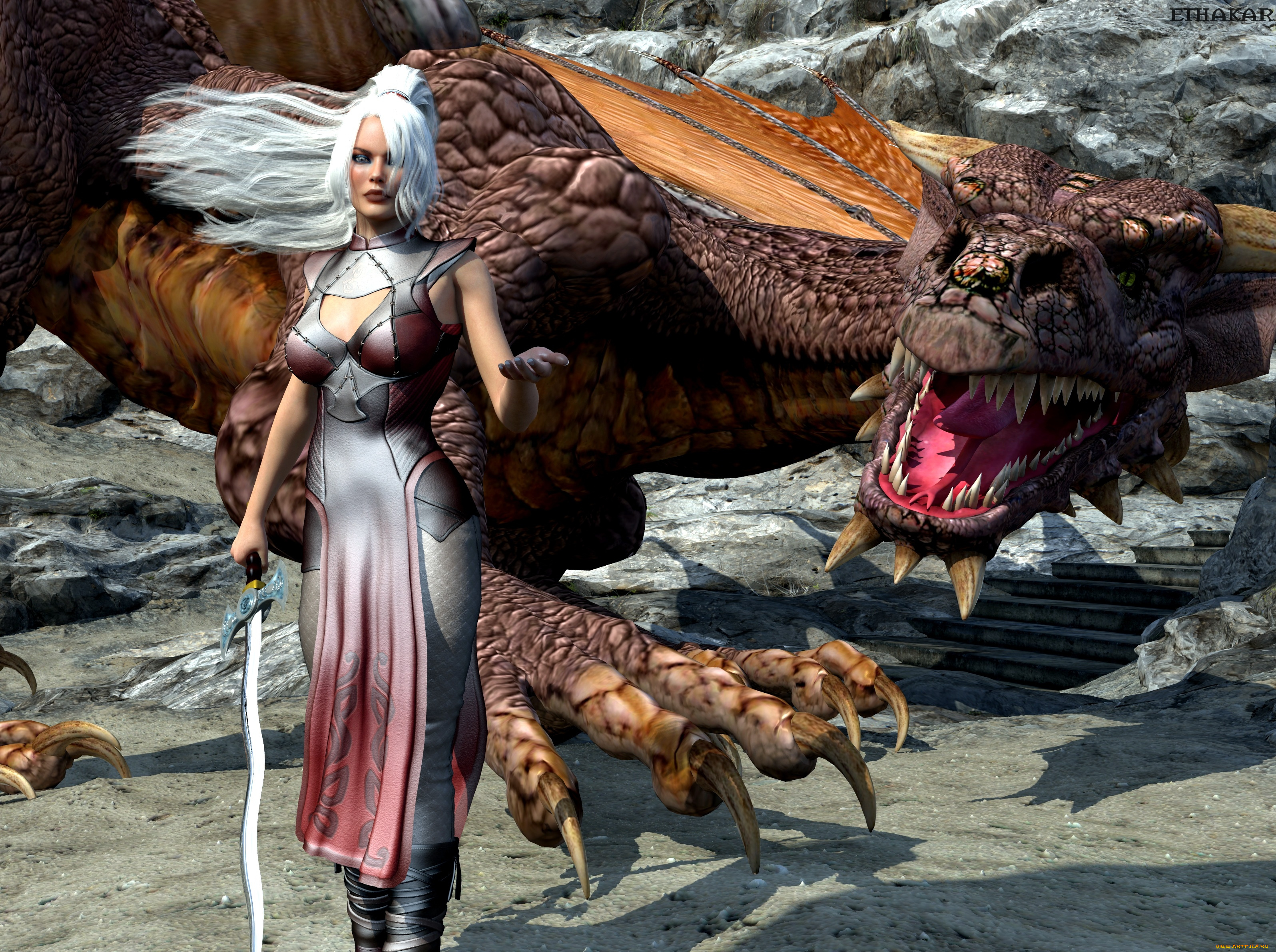 3д, графика, фантазия, , fantasy, дракон, фон, взгляд, девушка