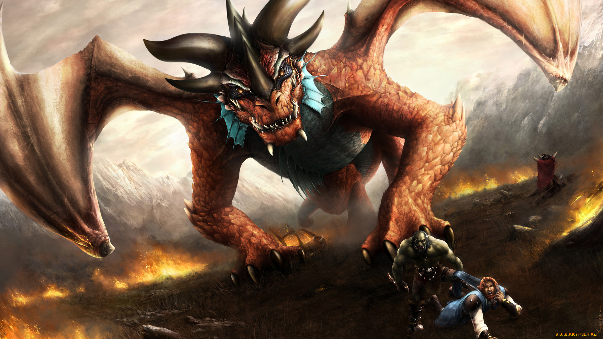 фэнтези, драконы, люди, фон, дракон