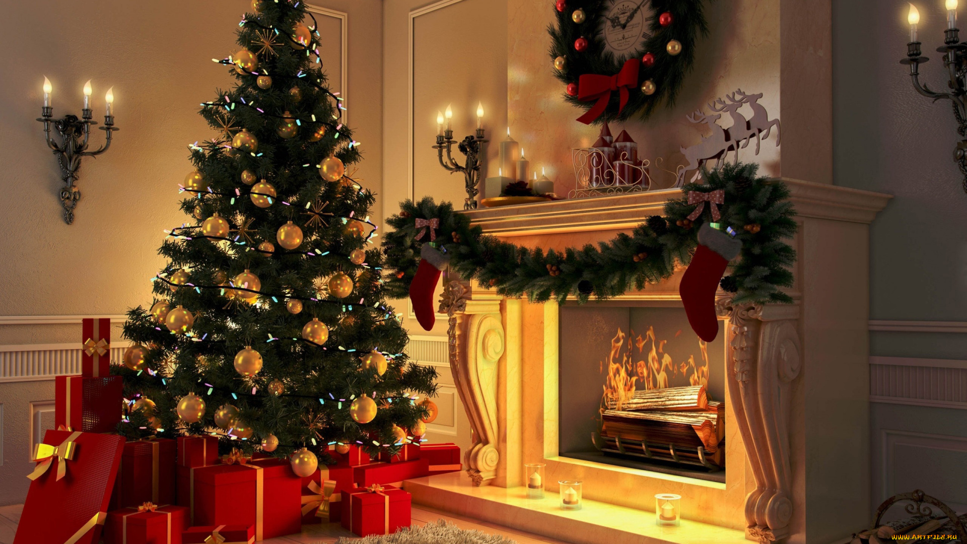праздничные, Ёлки, камин, подарки, елка