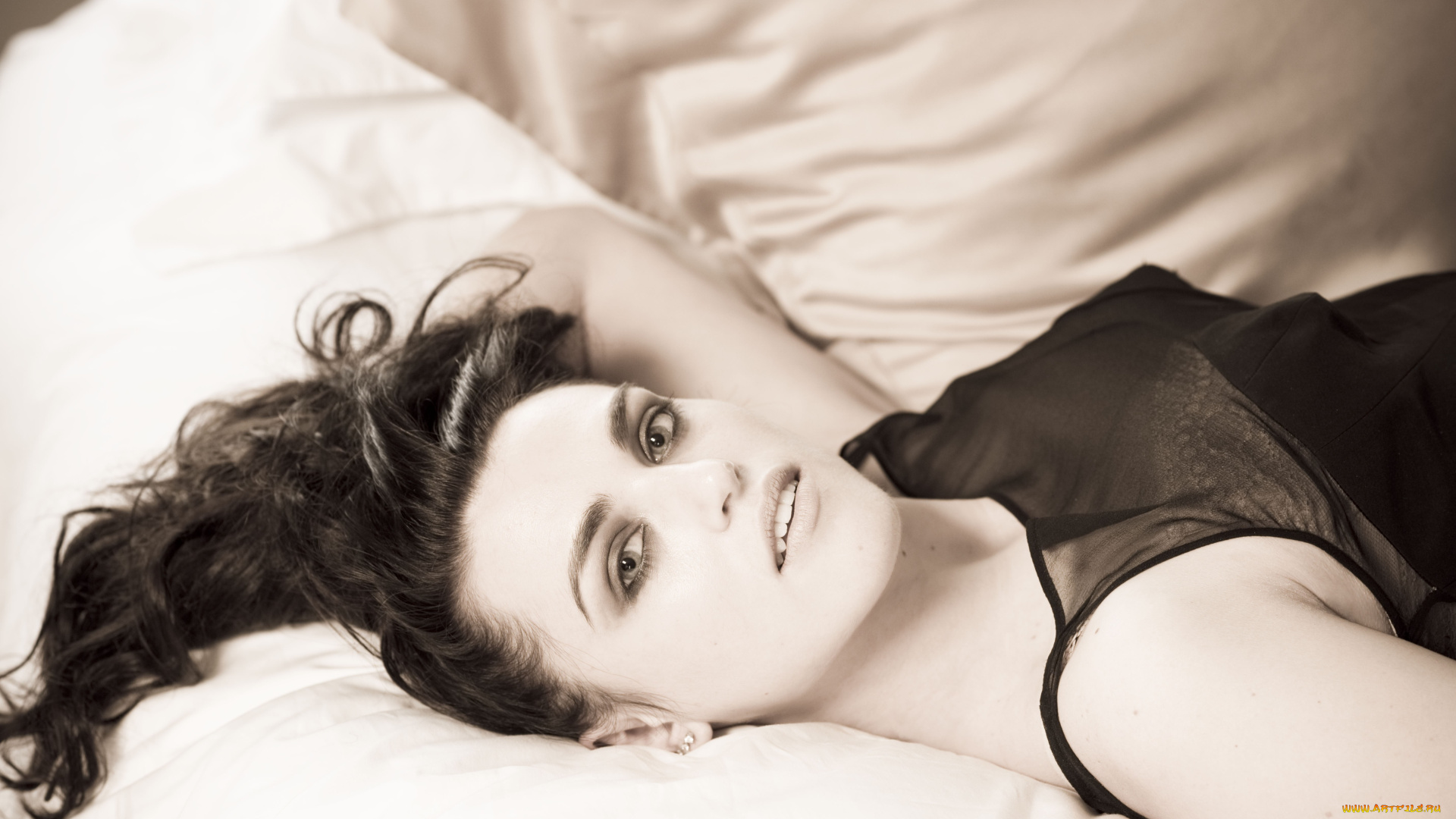 девушки, katie, mcgrath, постель, лицо, актриса, брюнетка