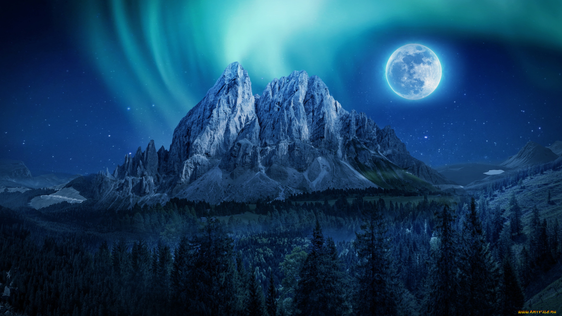 природа, горы, пейзаж, небо, сияние, лес, облака, полнолуние, луна, красота