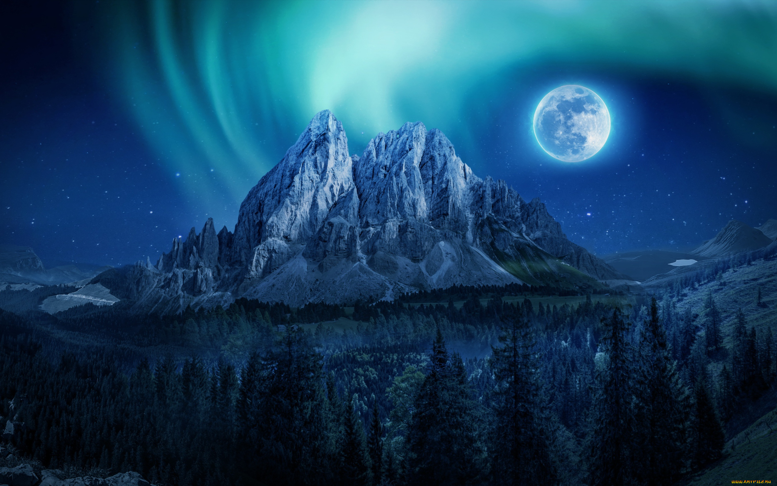 природа, горы, пейзаж, небо, сияние, лес, облака, полнолуние, луна, красота