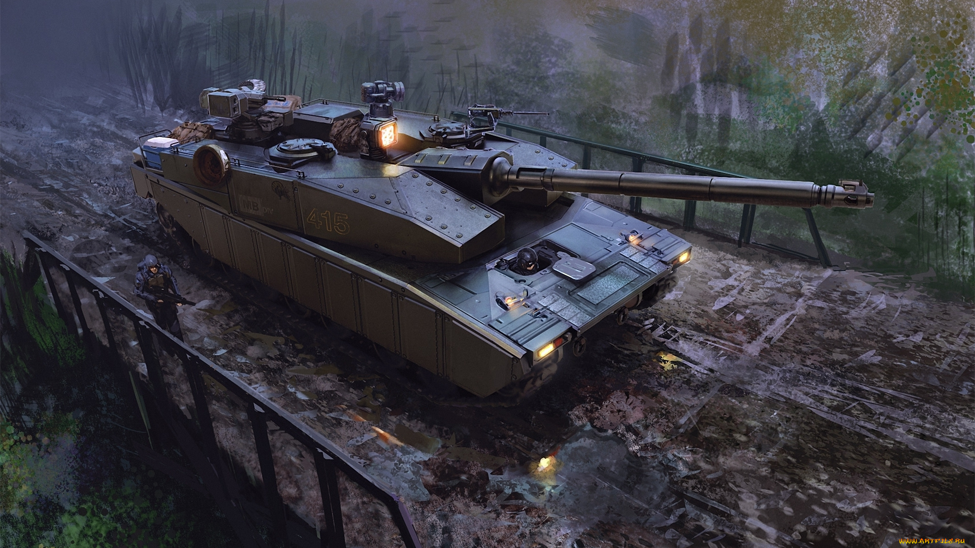 рисованное, армия, танк, мост, солдат