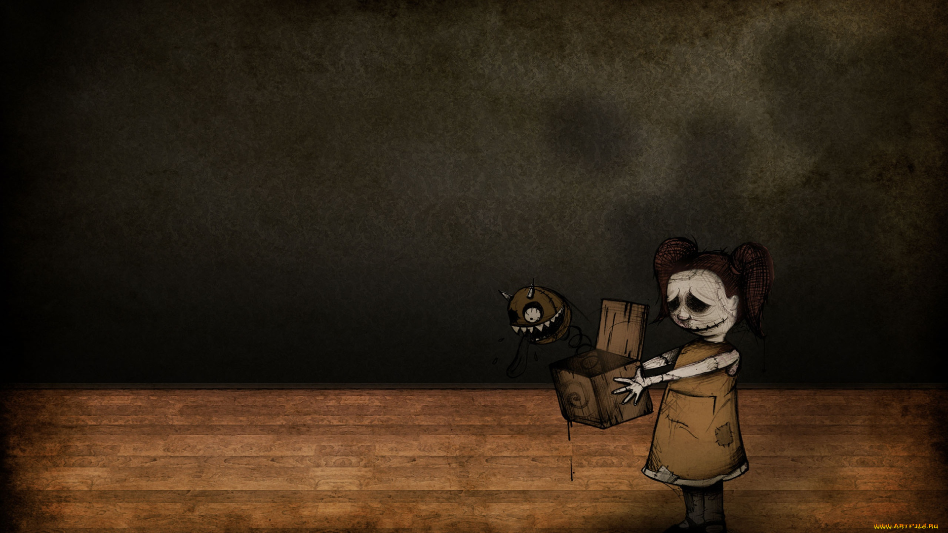 рисованное, дети, девочка, ящик, ужастик