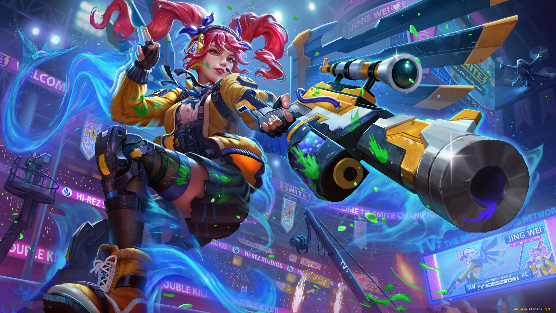 видео, игры, smite, девушка, фон, взгляд, униформа, оружие