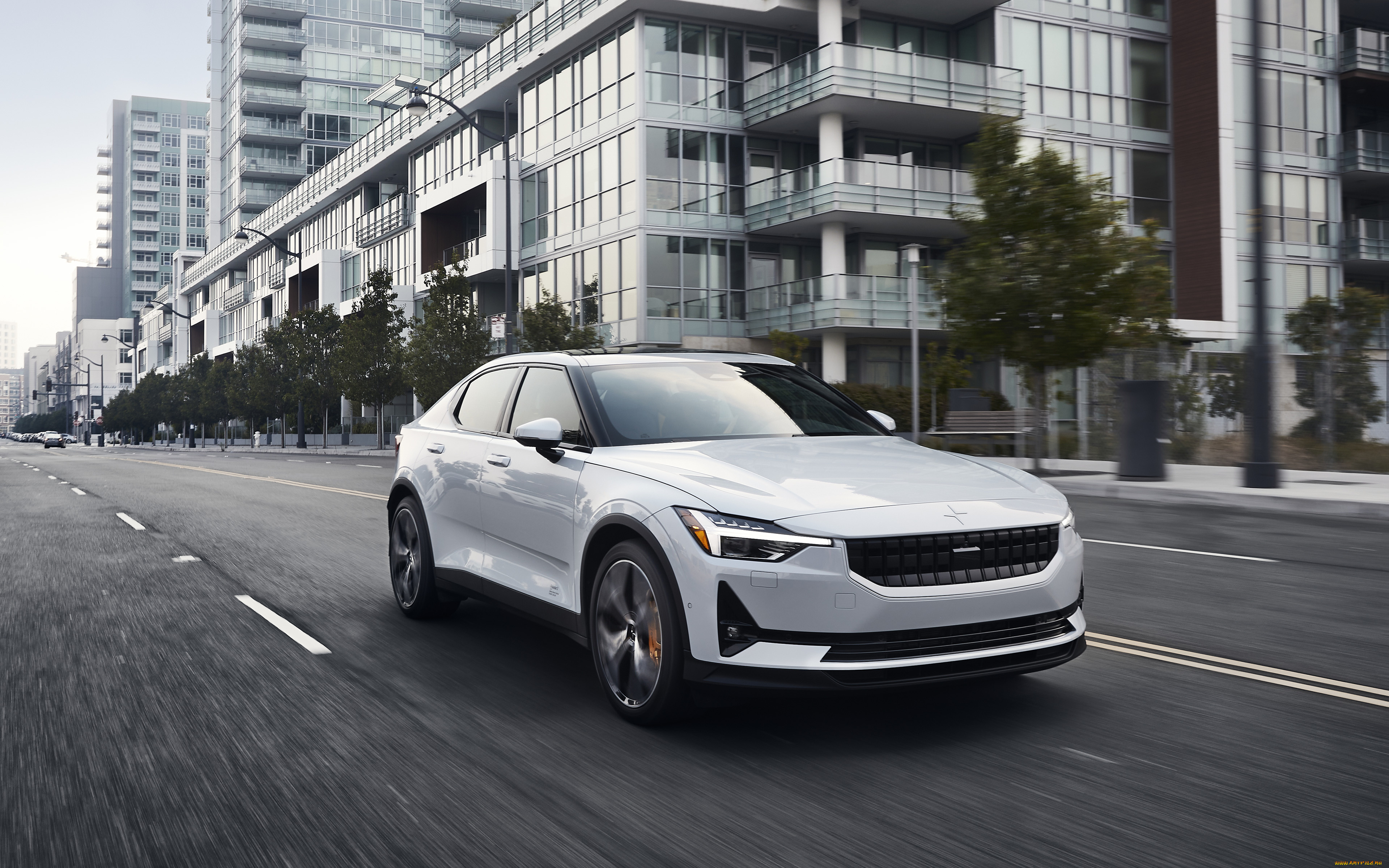 автомобили, polestar, 2021, 2, 4k, экстерьер, вид, спереди, белый, седан, новый, шведские, volvo, город, улица
