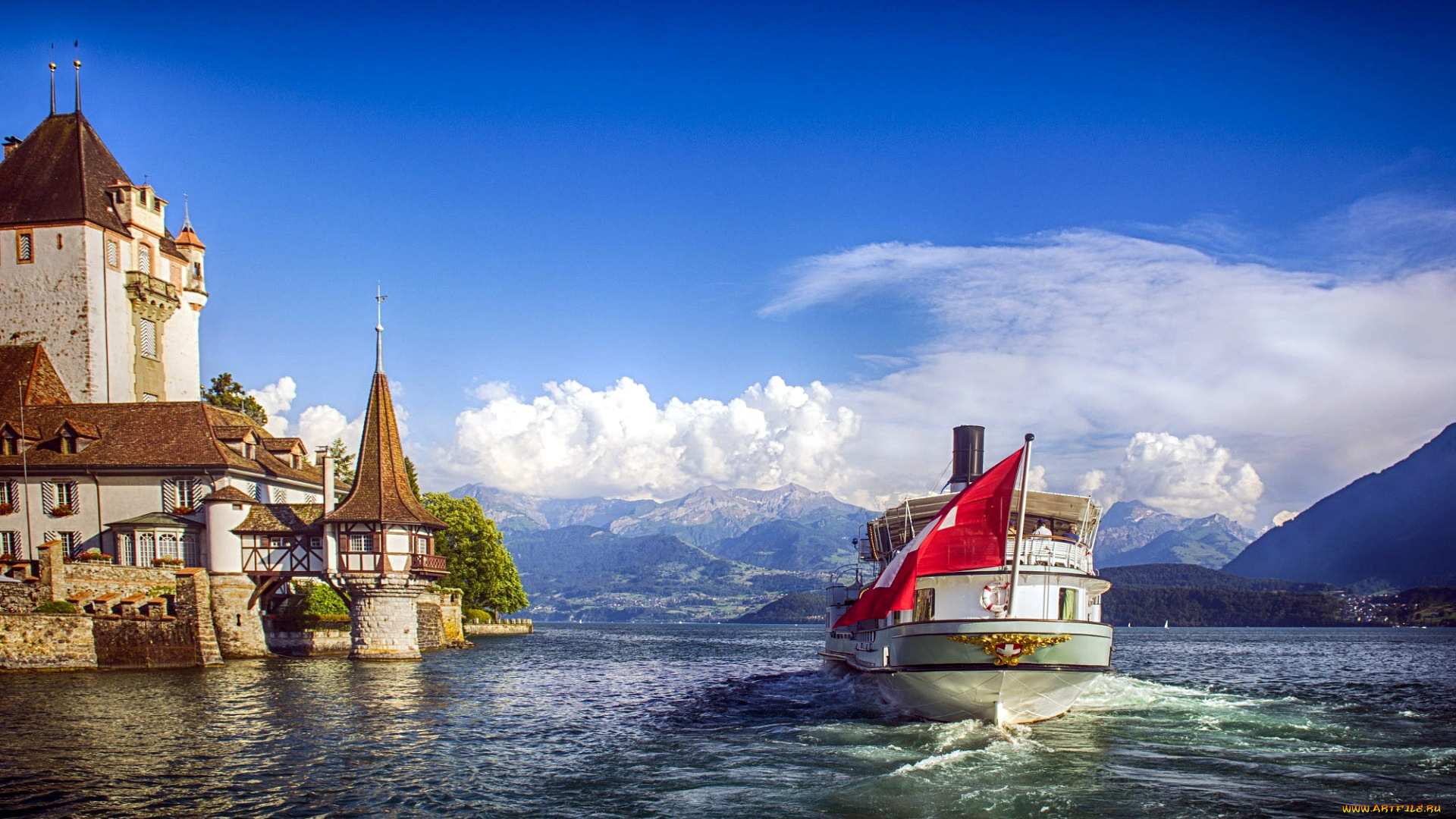 города, замок, оберхофен, , швейцария, oberhofen, castle, lake, thun, switzerland