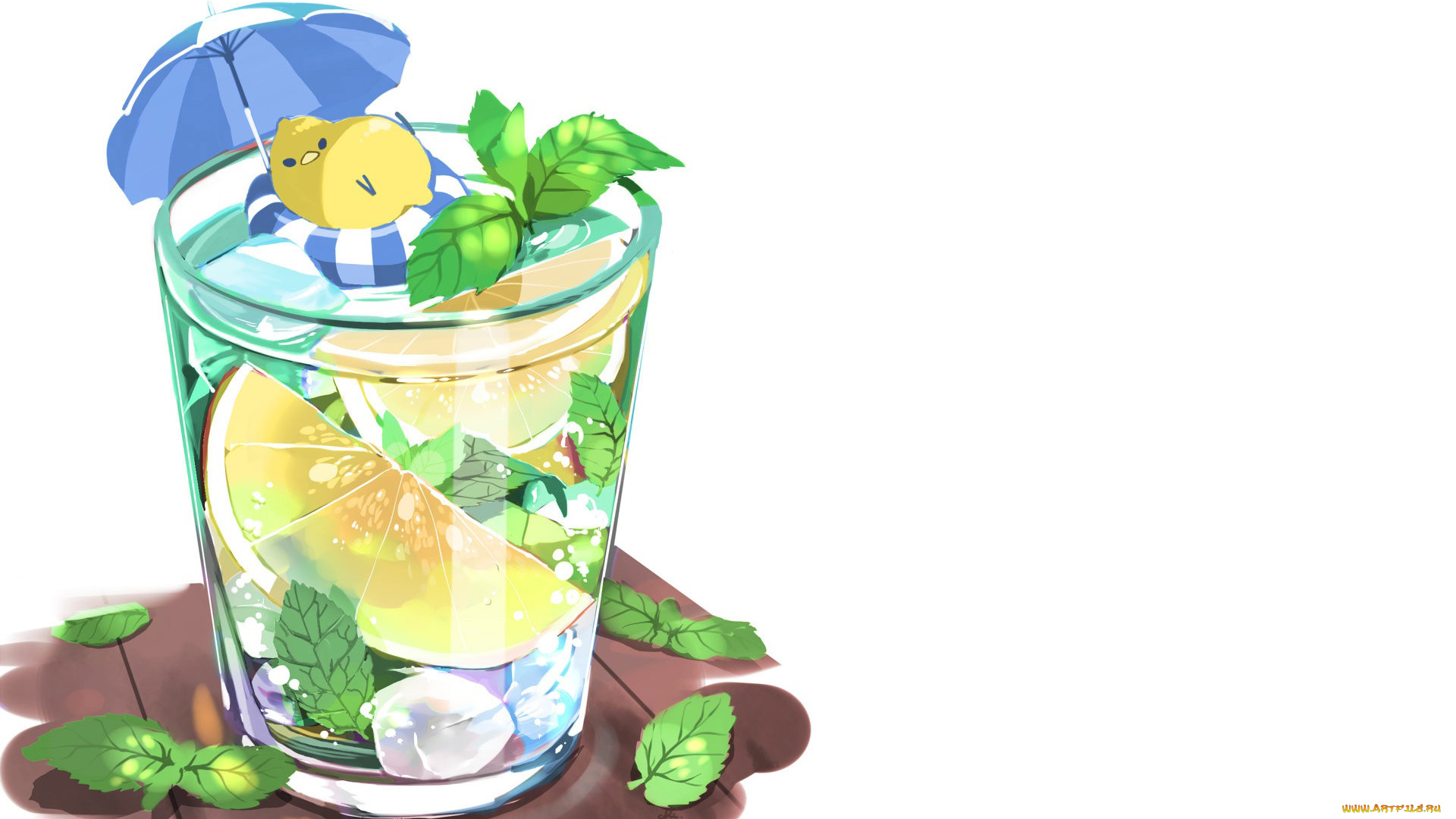 рисованное, еда, стакан, лимоны, зонтик, цыпленок