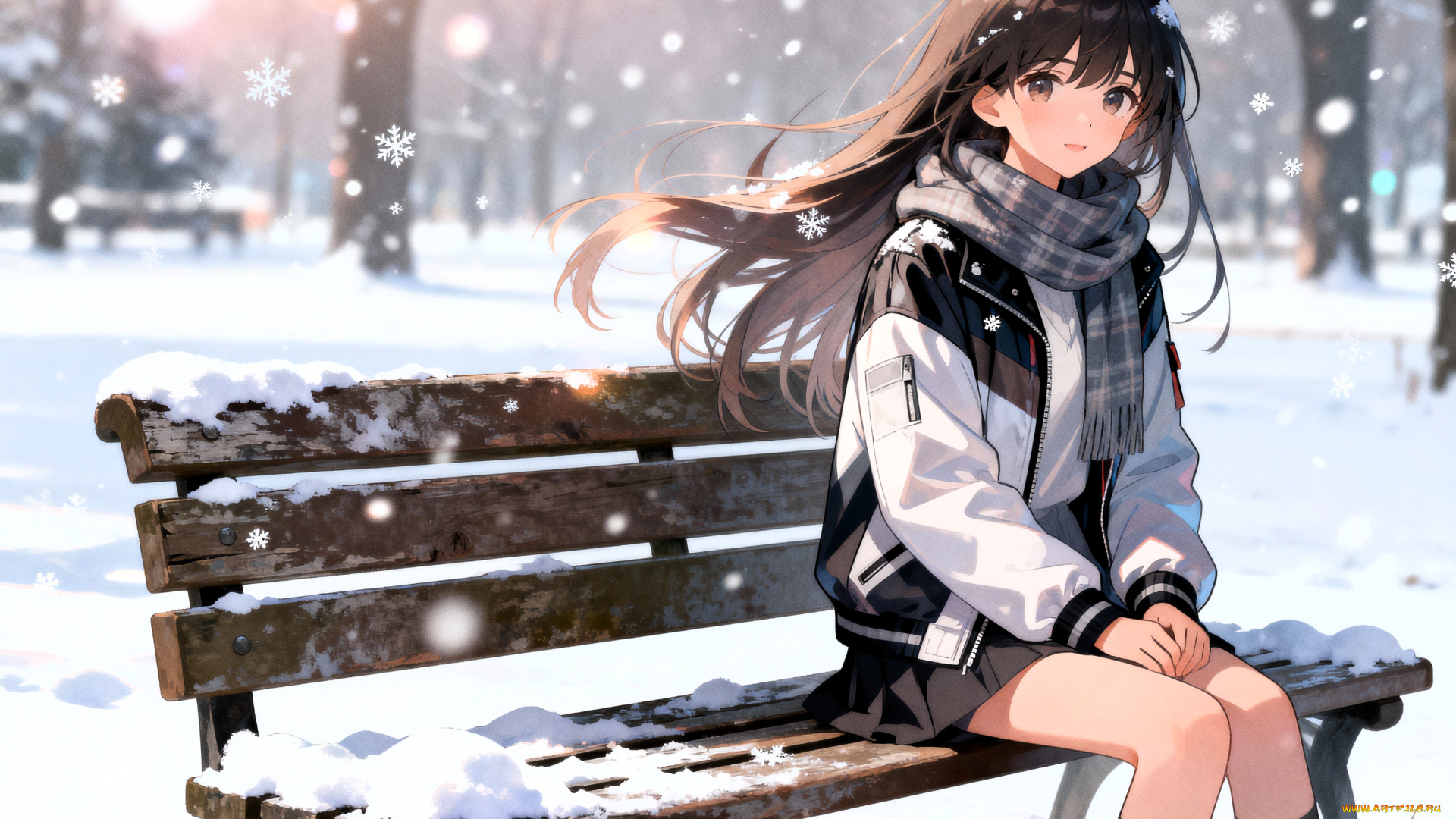 аниме, зима, , новый, год, , рождество, девушка, шарф, куртка, юбка, скамейка, парк, снег, деревья