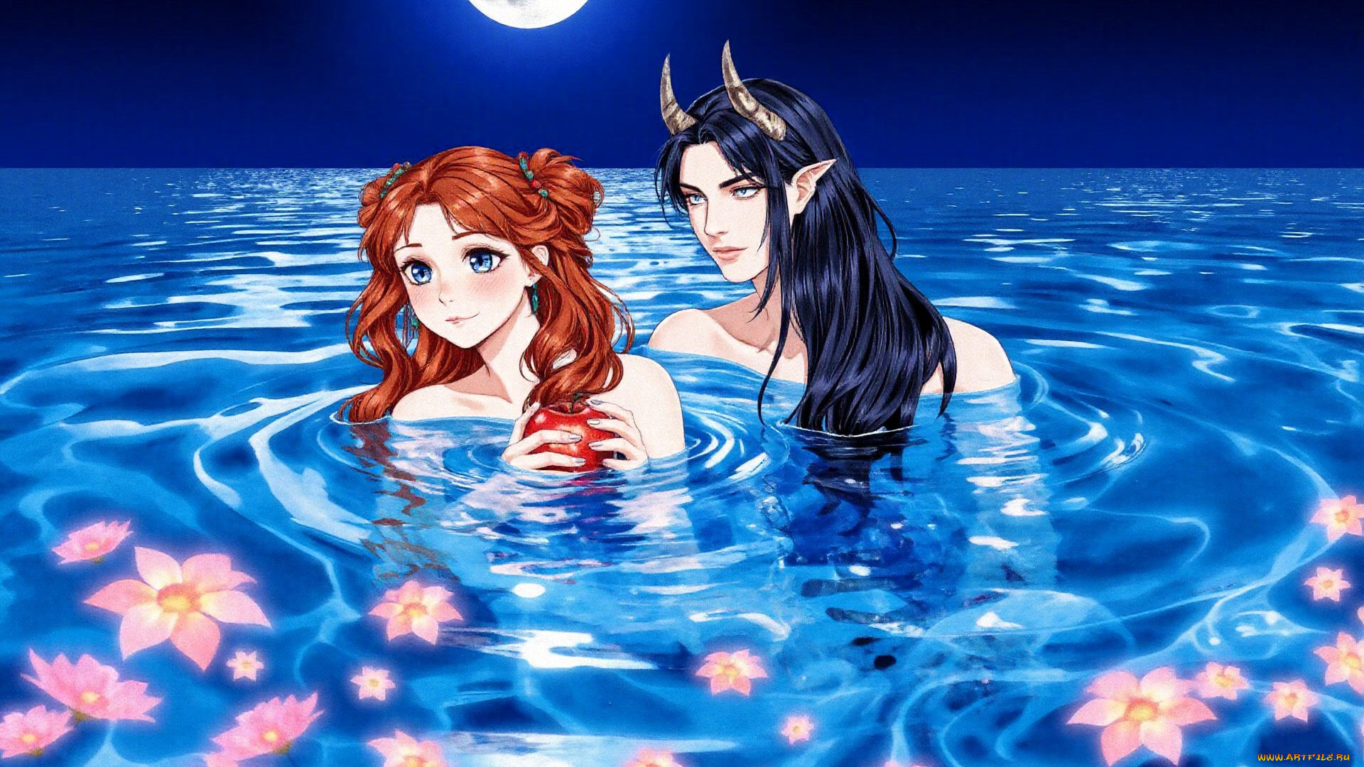 фэнтези, демоны, девушка, яблоко, парень, рога, вода, цветы, луна