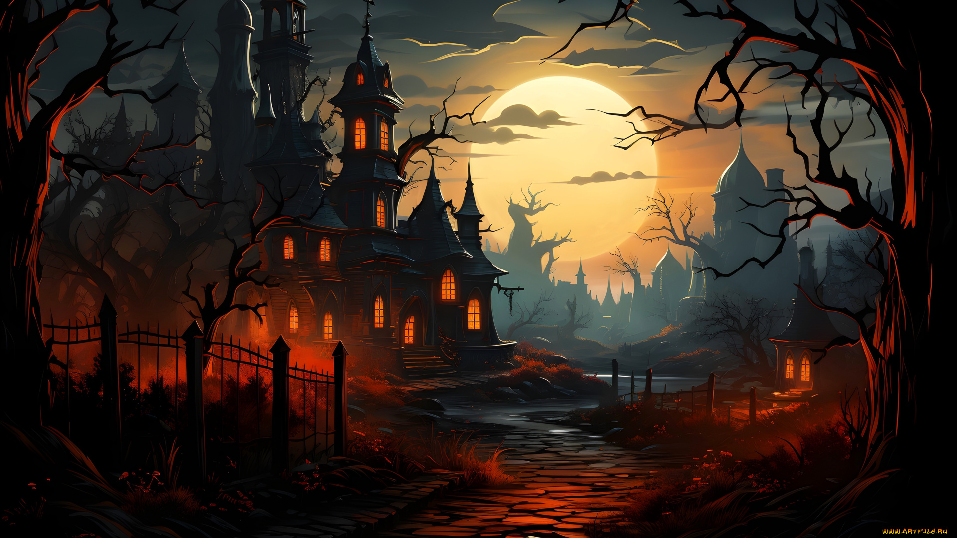 рисованное, города, здания, свет, ночь, луна, деревья, ограда, дорога