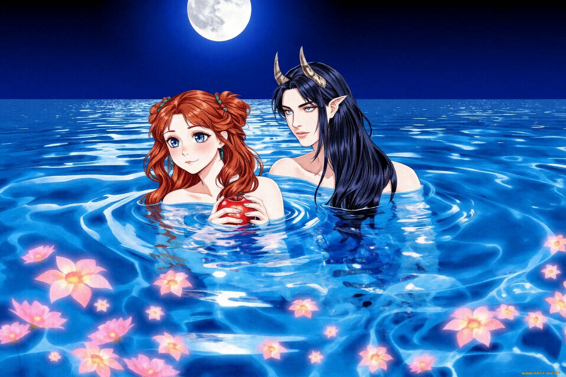 фэнтези, демоны, девушка, яблоко, парень, рога, вода, цветы, луна