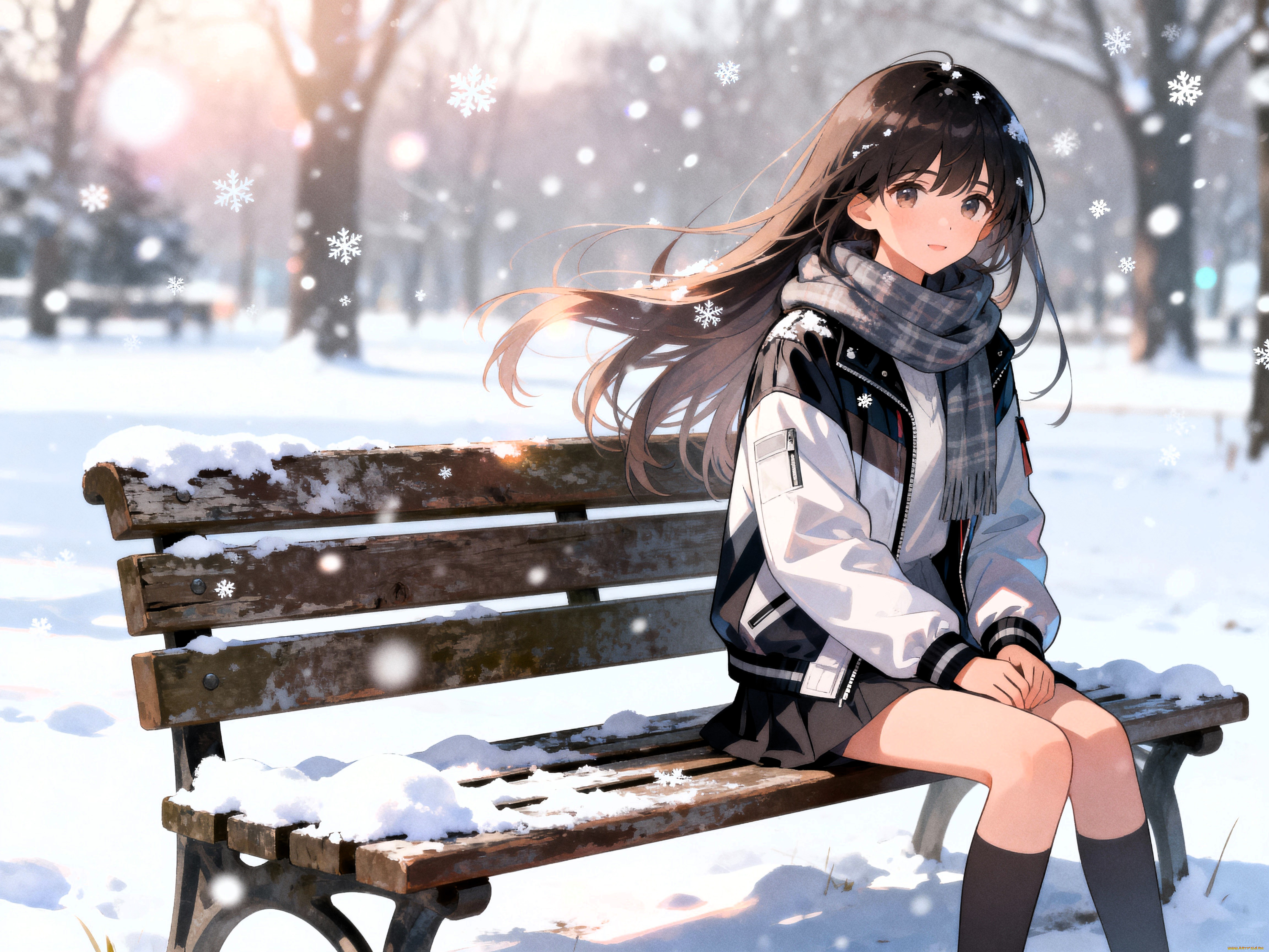 аниме, зима, , новый, год, , рождество, девушка, шарф, куртка, юбка, скамейка, парк, снег, деревья