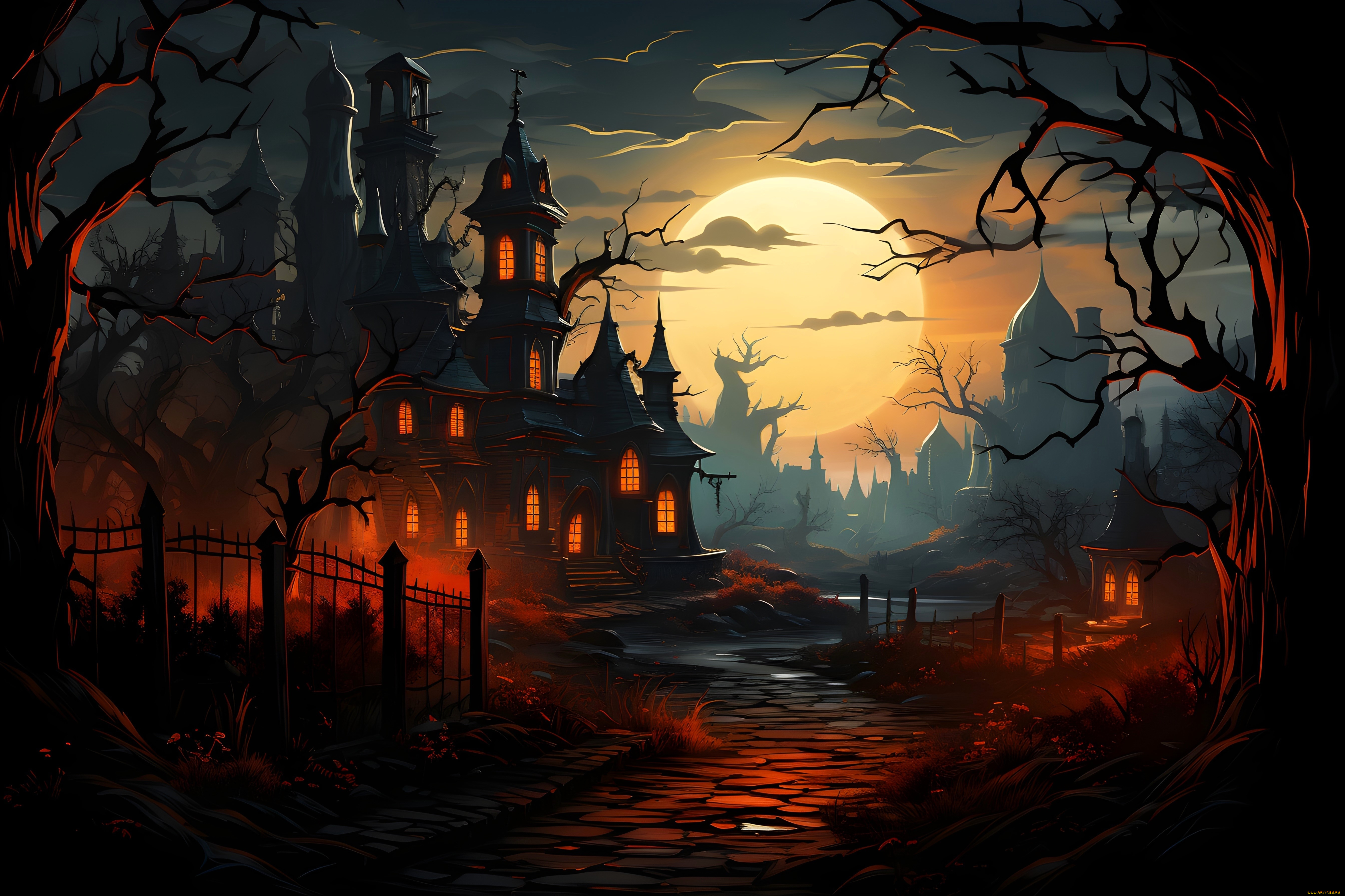 рисованное, города, здания, свет, ночь, луна, деревья, ограда, дорога