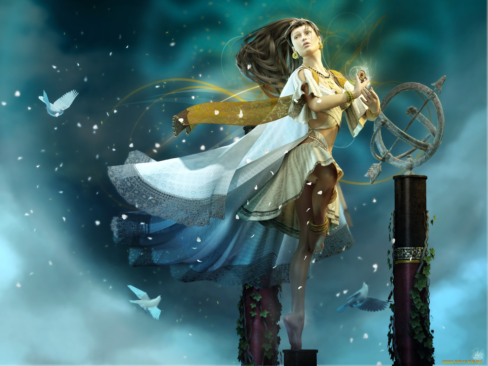 3д, графика, fantasy, фантазия, птицы, девушка