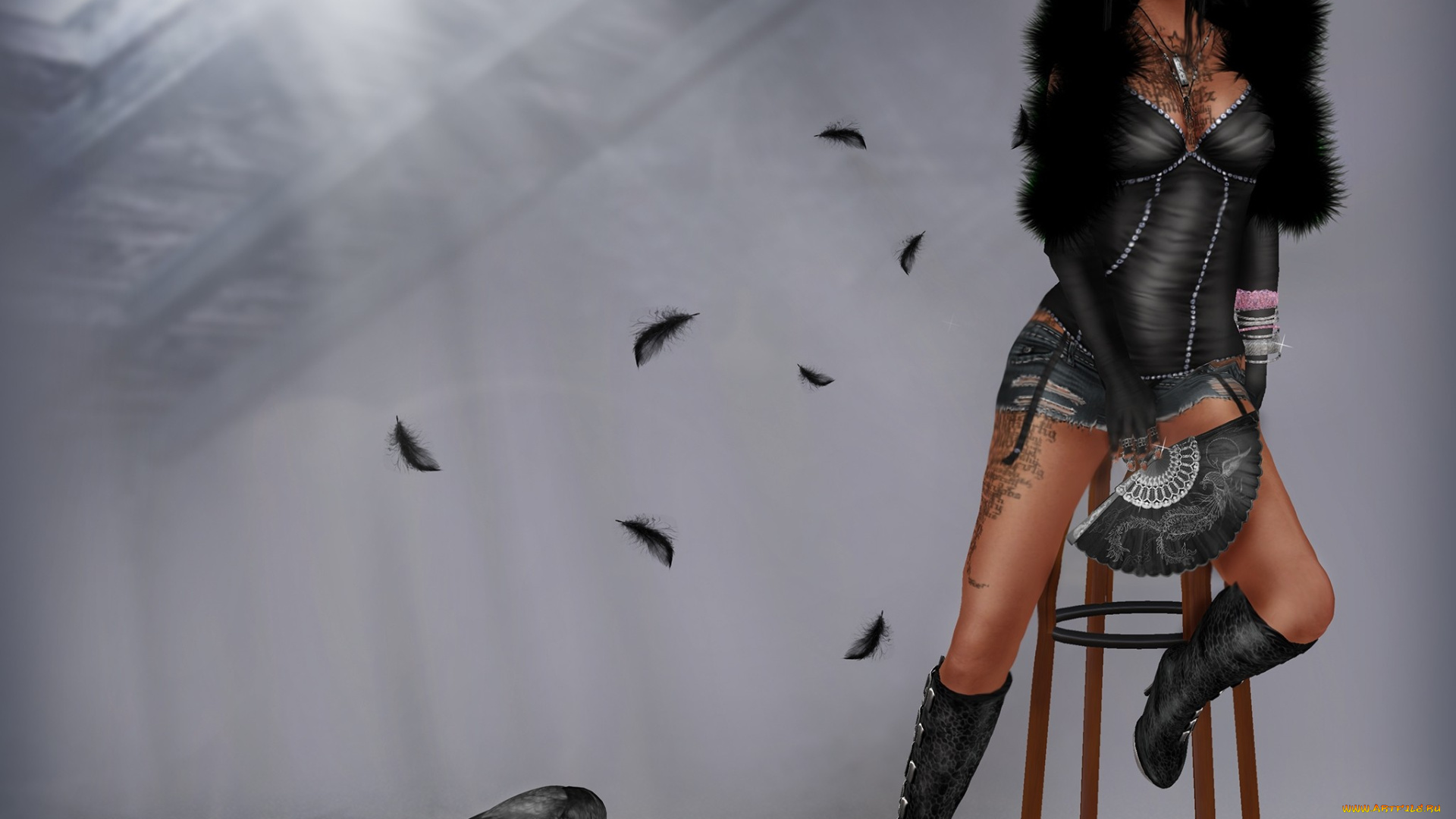 3д, графика, people, люди, ворон, девушка, очки, перья, веер, мех