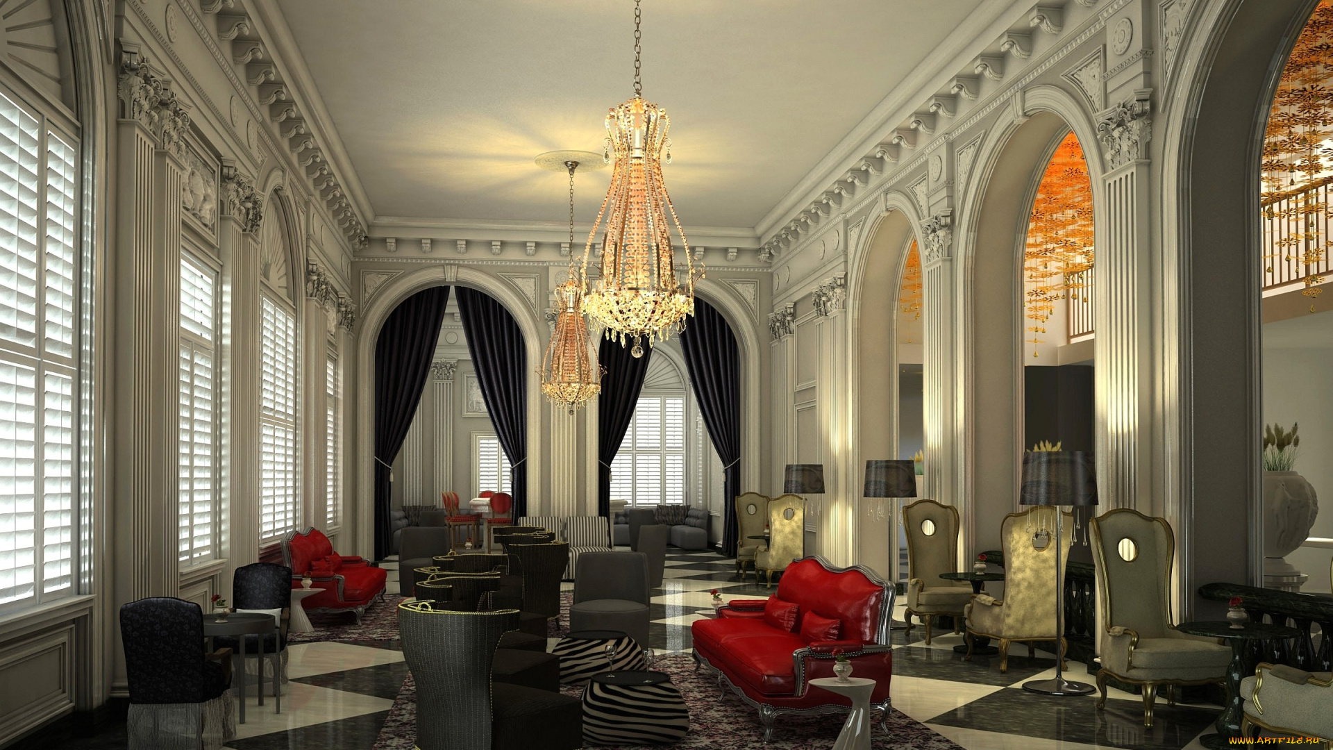 интерьер, кафе, рестораны, отели, кресла, люстра, столики, арки