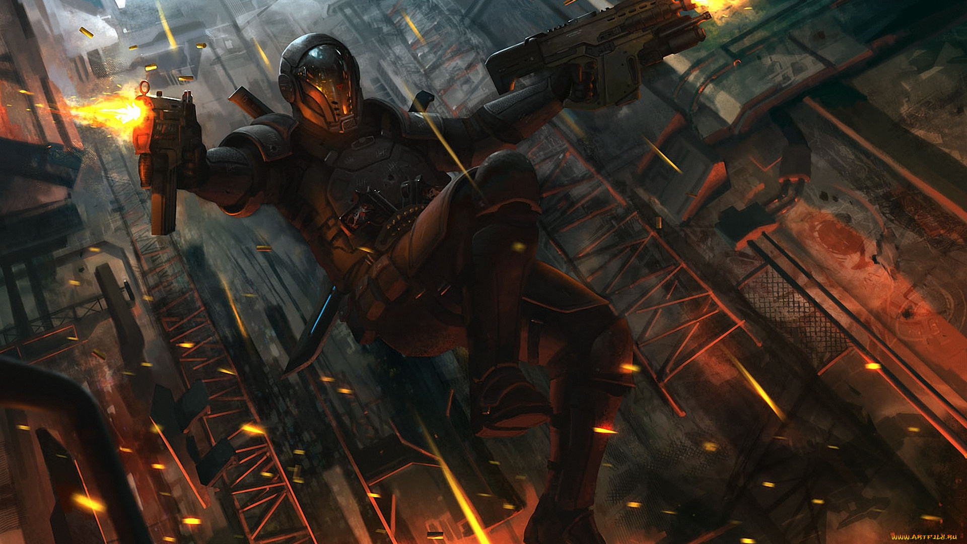 фэнтези, люди, автоматы, солдат, воин, шлем, прыжок