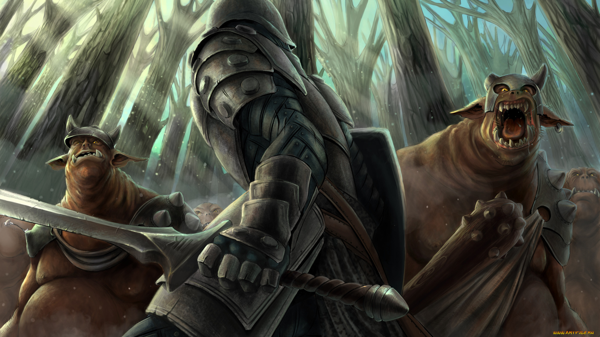 фэнтези, существа, рыцарь, булава, доспехи, меч, орки