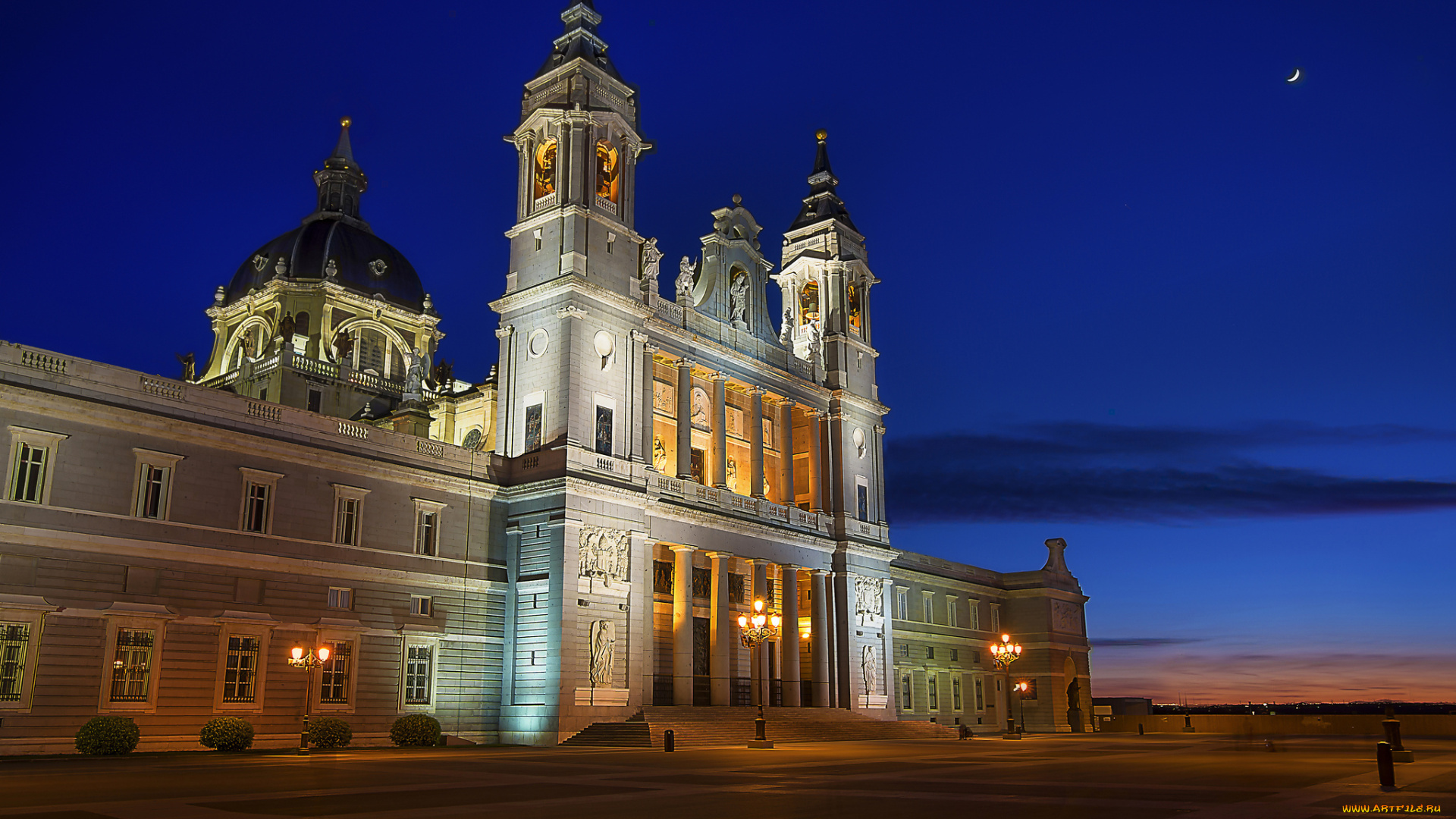 almudena, cathedral, города, -, католические, соборы, , костелы, , аббатства, огни, собор, площадь, ночь