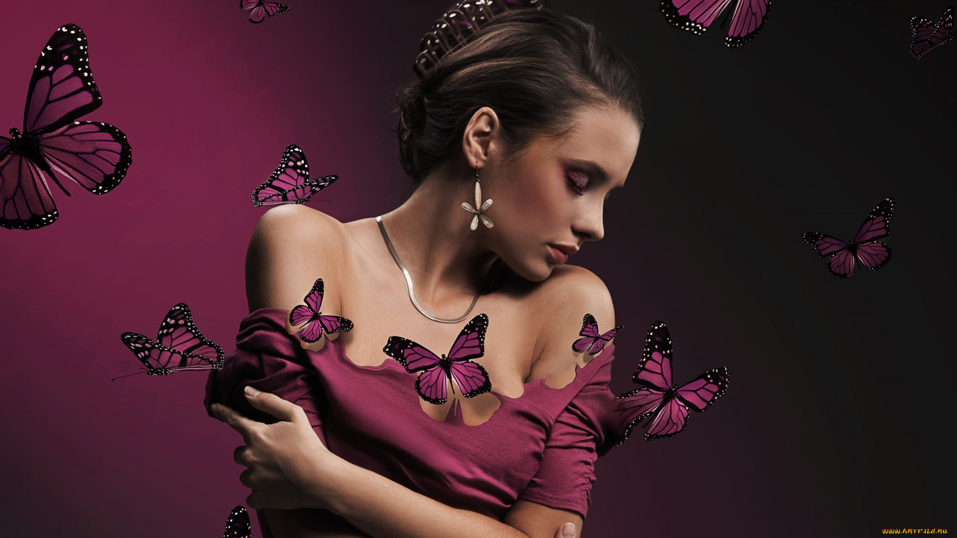 девушки, -unsort, , брюнетки, , шатенки, beautiful, face, person, butterflies, бабочки, girl, женщина