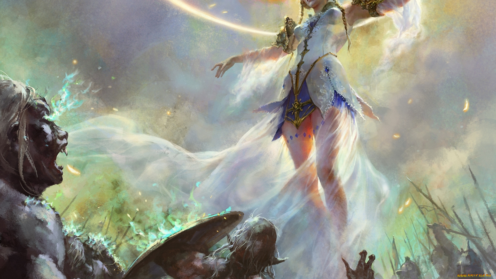 фэнтези, девушки, орки, арт, ветер, девушка, искры, ярость, воинство