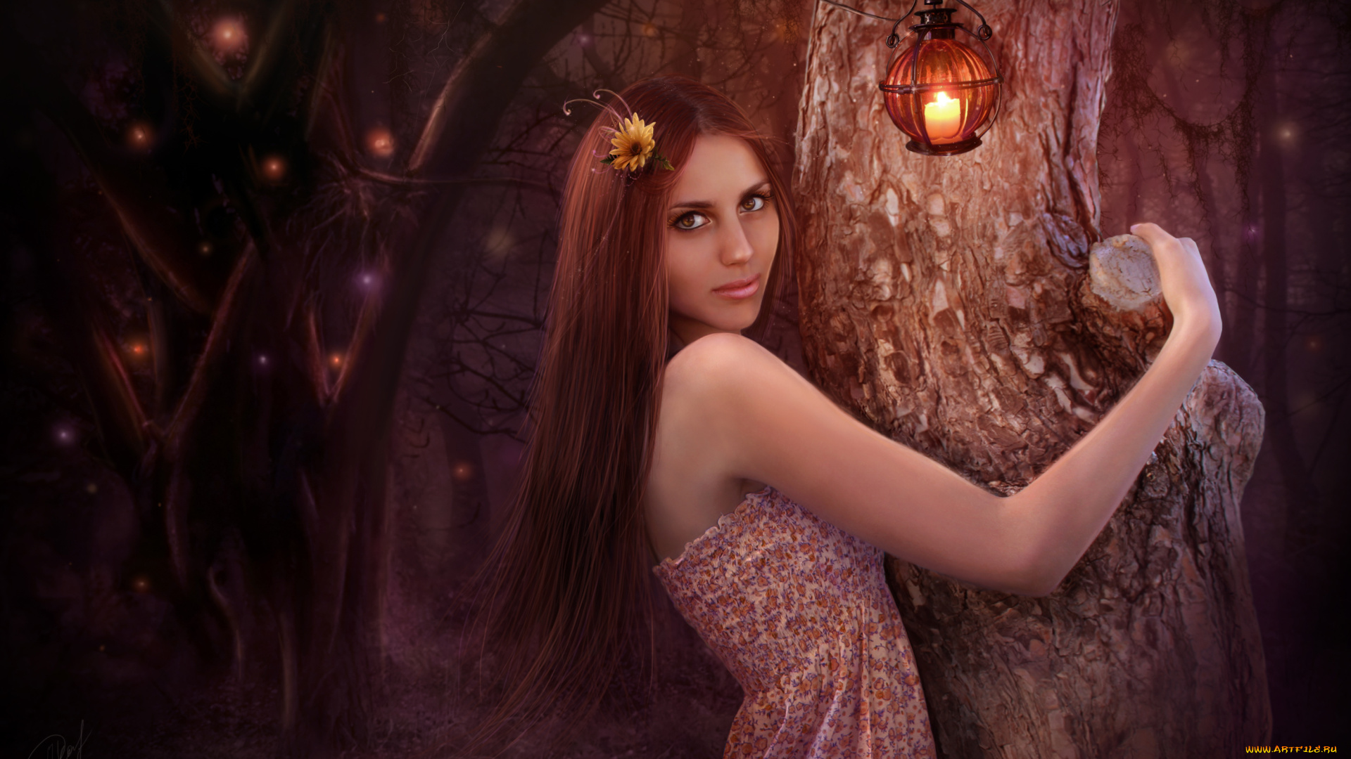 фэнтези, фотоарт, шатенка, улыбка, ночь, фонарики, лес, арт, нарисованная, девушка, деревья