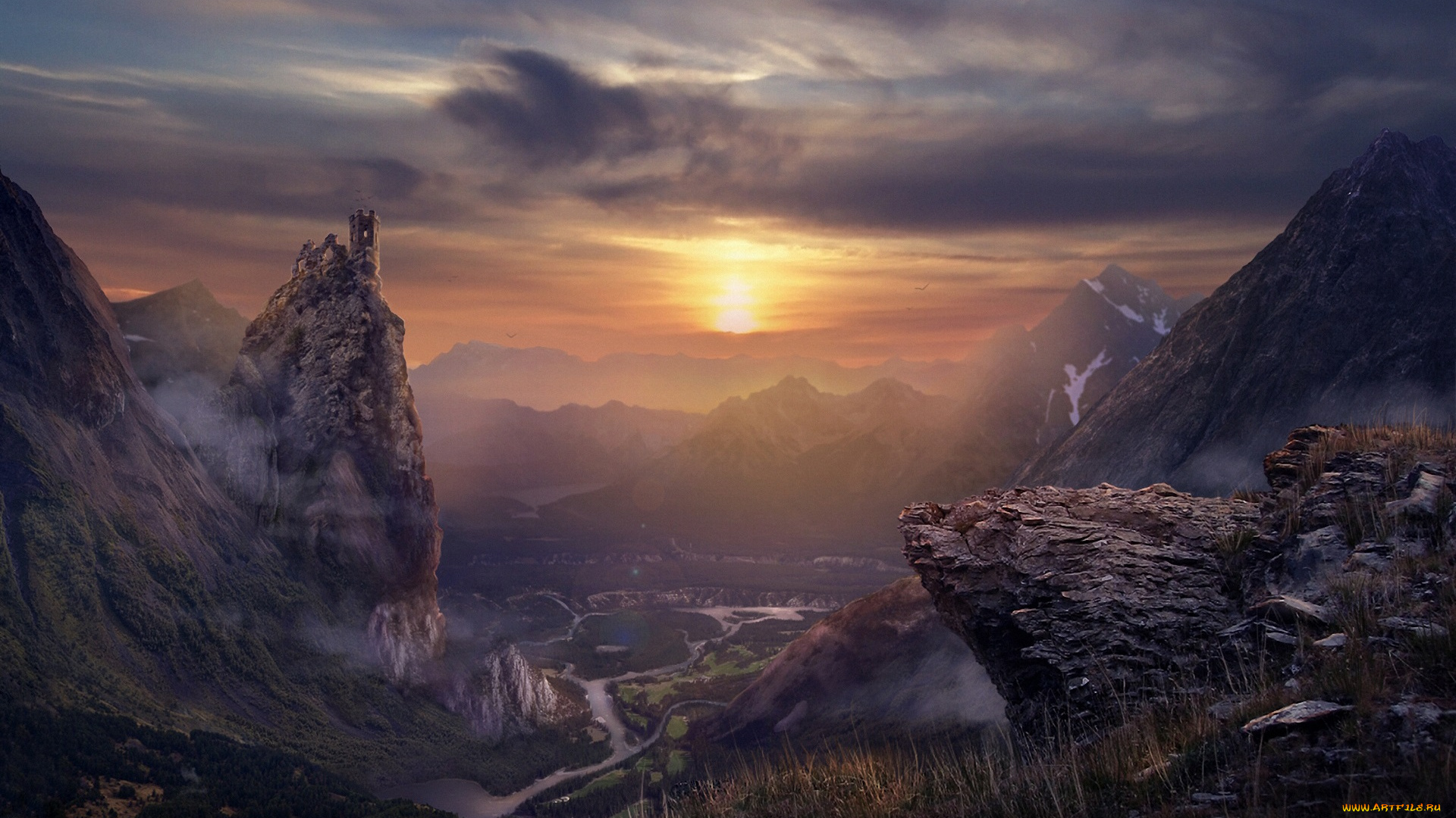 фэнтези, иные, миры, , иные, времена, закат, солнце, горы, река, долина