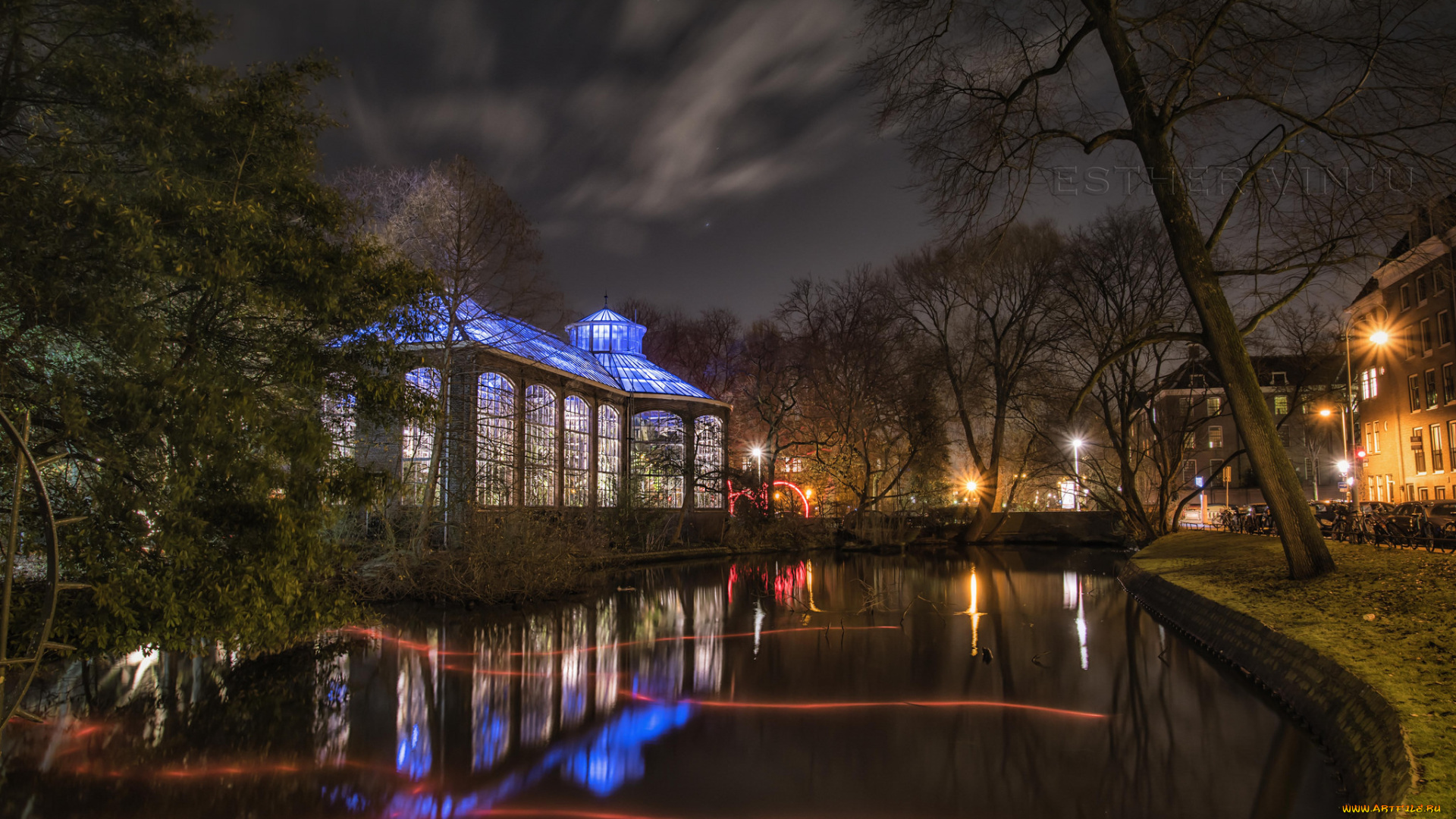 города, -, огни, ночного, города, город, улица, ночь, здания, огни, озеро, деревья