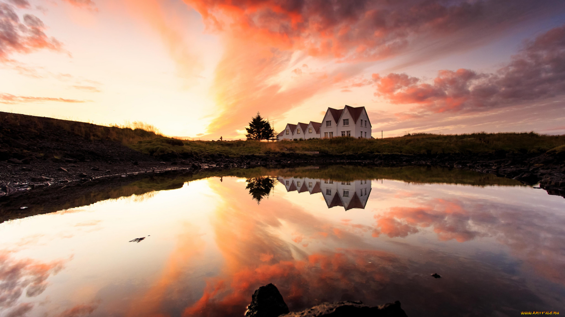 города, -, пейзажи, отражения, вода, закат, вечер, дома, исландия, облака