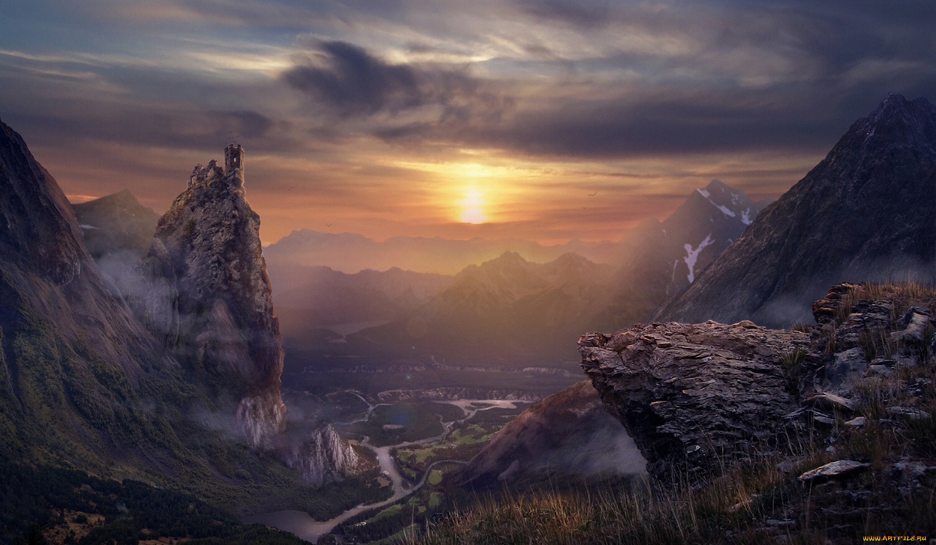 фэнтези, иные, миры, , иные, времена, закат, солнце, горы, река, долина