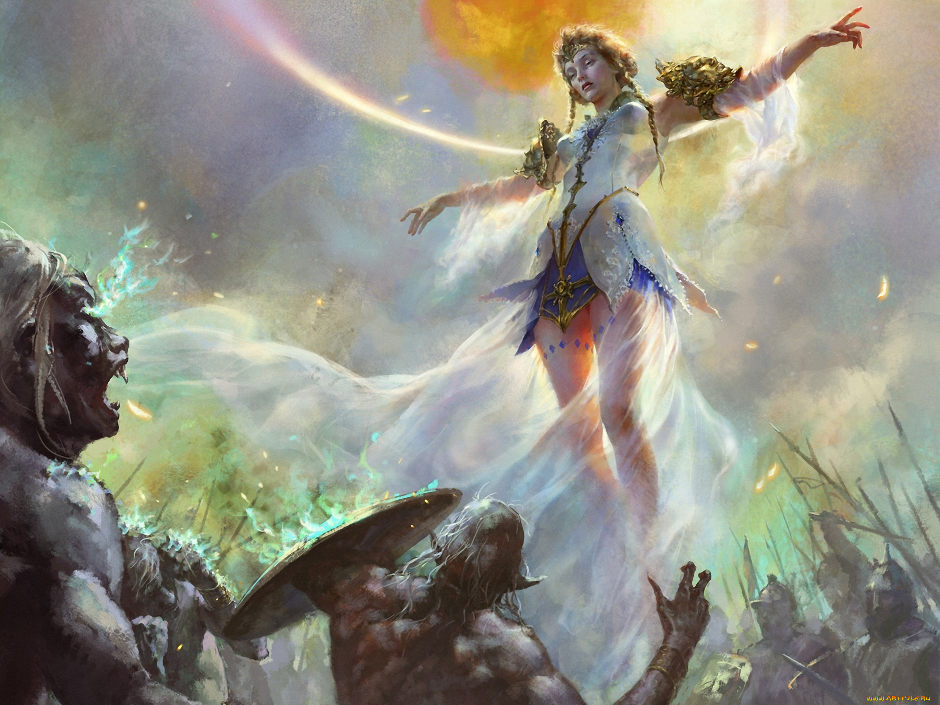 фэнтези, девушки, орки, арт, ветер, девушка, искры, ярость, воинство