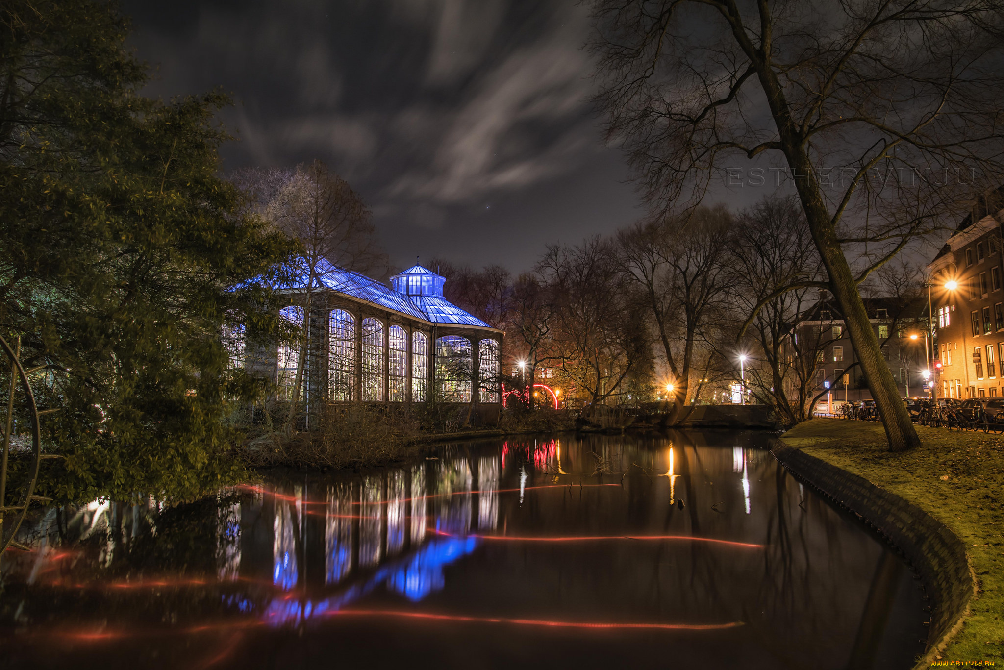 города, -, огни, ночного, города, город, улица, ночь, здания, огни, озеро, деревья