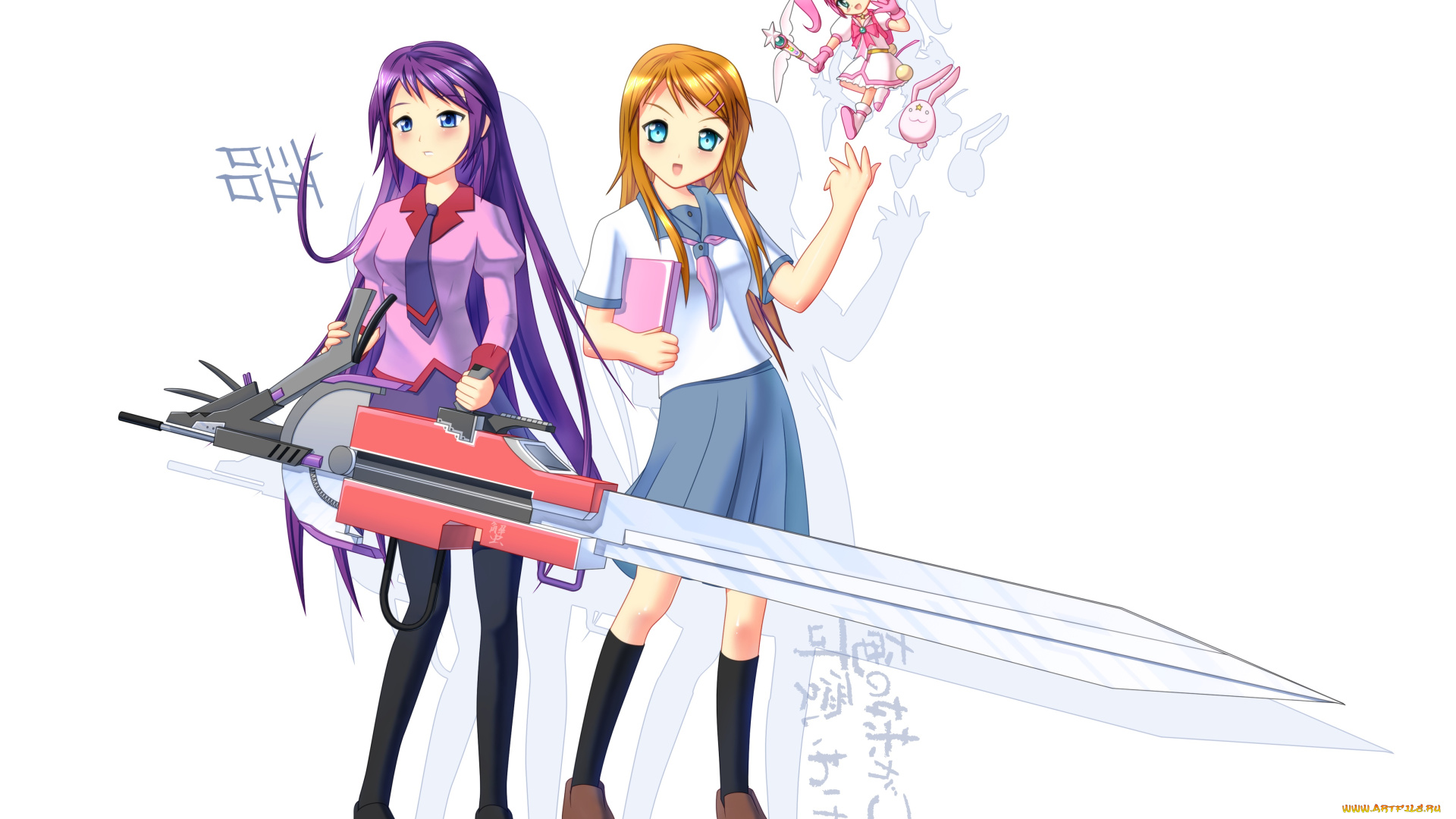 аниме, оружие, , техника, , технологии, девушки, взгляд, фон