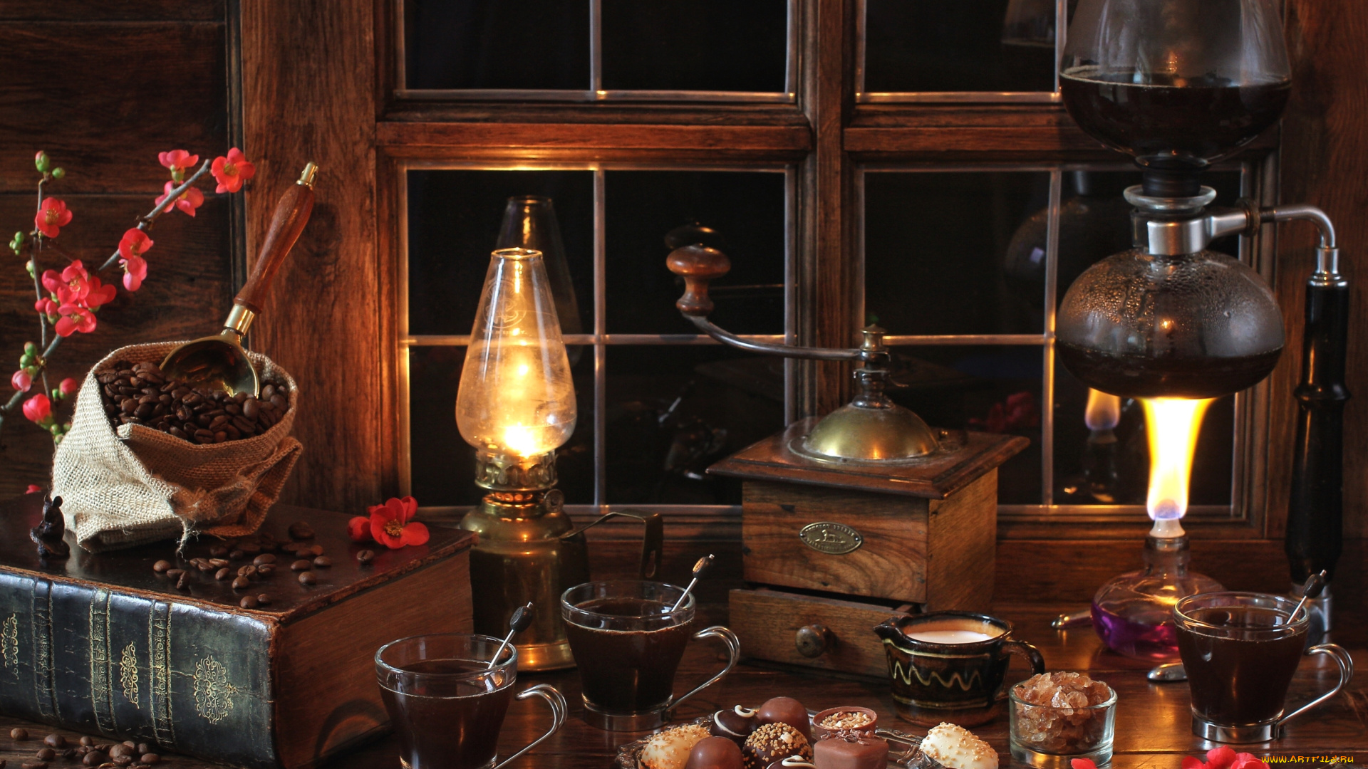 еда, кофе, , кофейные, зёрна, кофемолка, зерна, книга, окно, горелка, лампа, конфеты, шоколад, натюрморт
