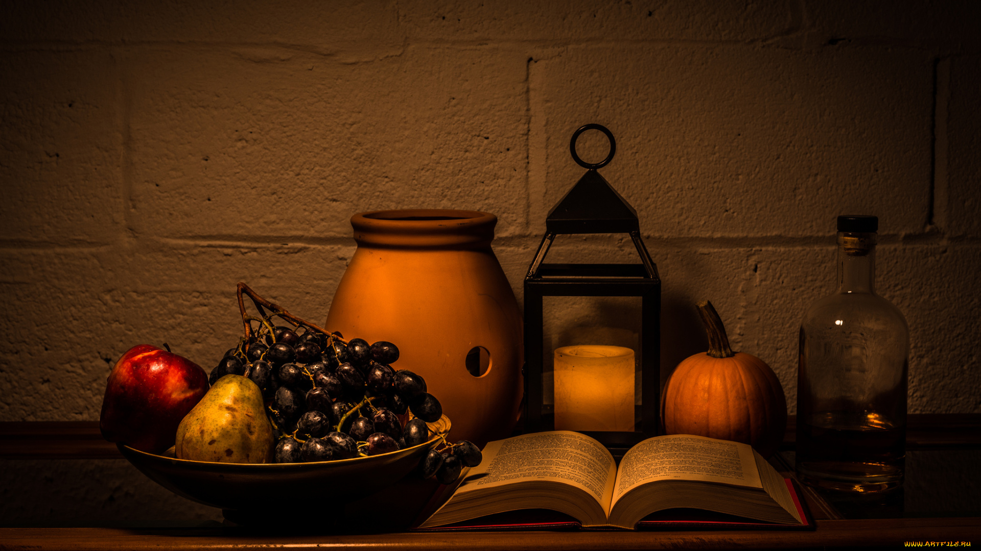 еда, натюрморт, горшок, книга, фрукты