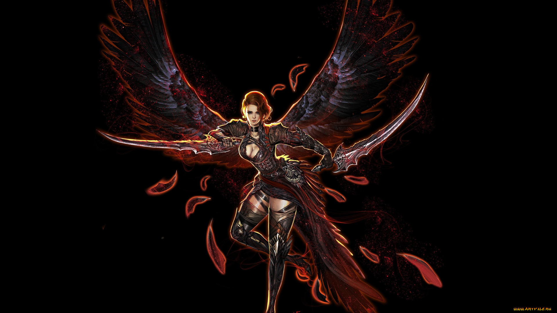 фэнтези, существа, арт, youngmin, suh, оружие, перья, крылья, поза, взгляд, девушка, эротика