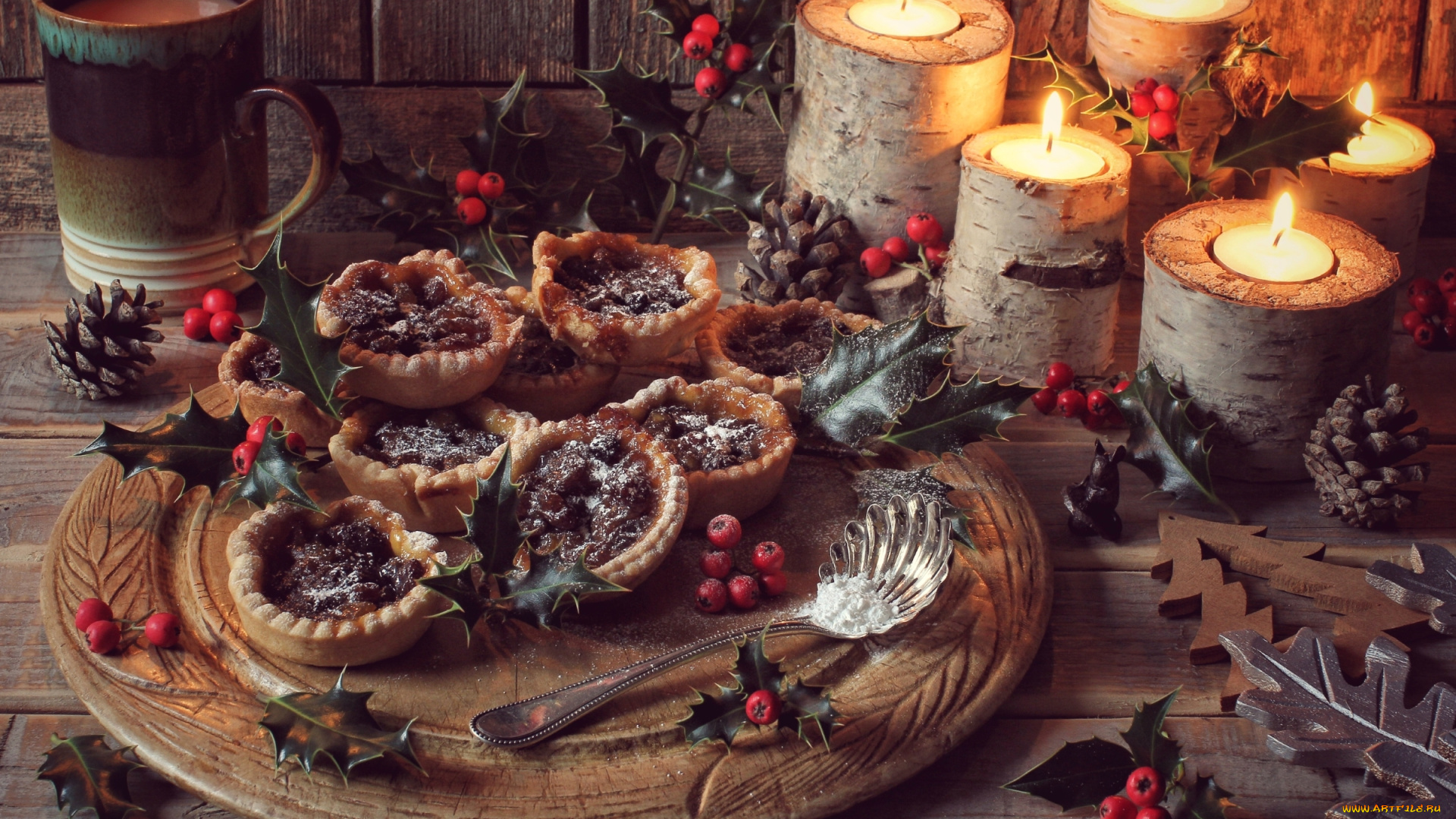 праздничные, новогодние, свечи, шишка, остролист, свечи, пирожные, угощение, чашка, падуб, шоколад