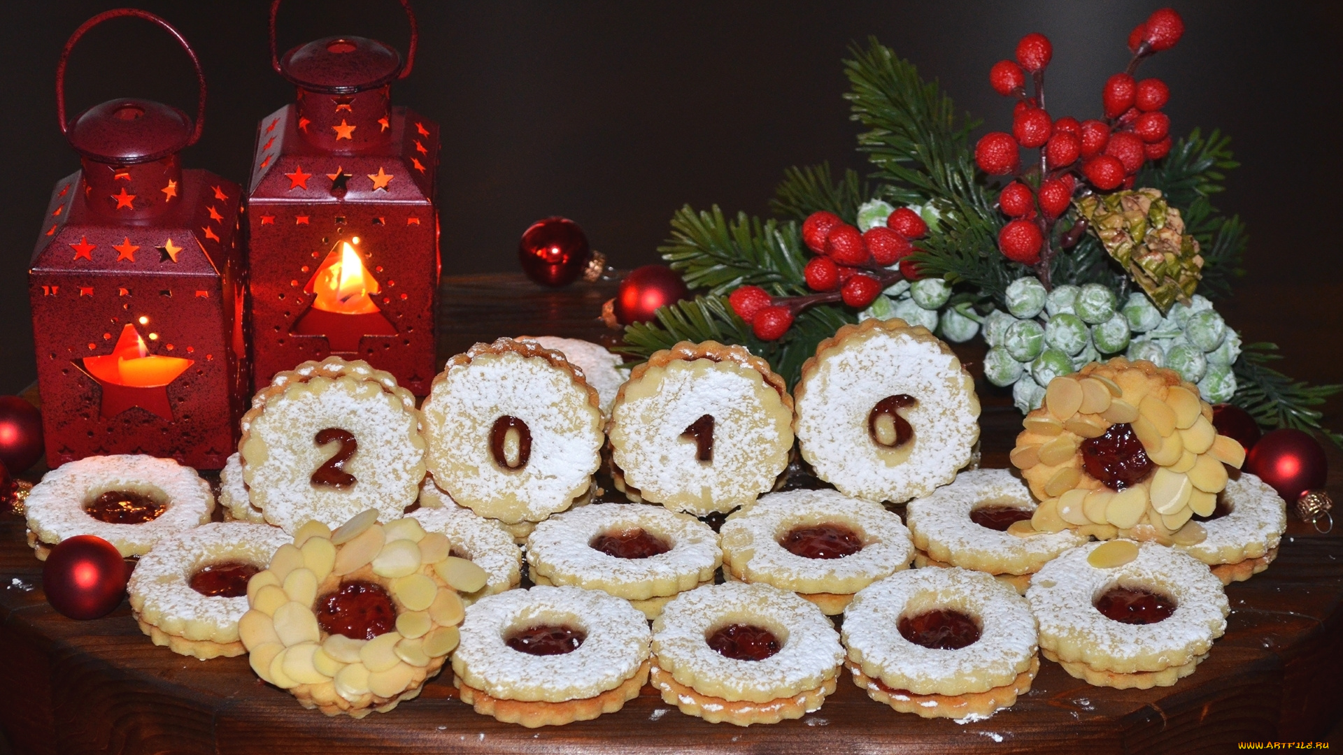 праздничные, угощения, печенье, фонари, ель, выпечка, 2016