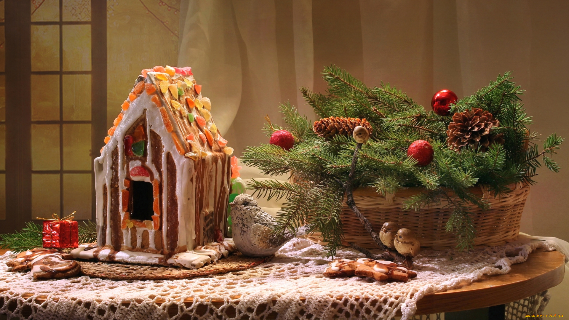 праздничные, угощения, пряничный, домик, птички, шишки, ель, цукаты