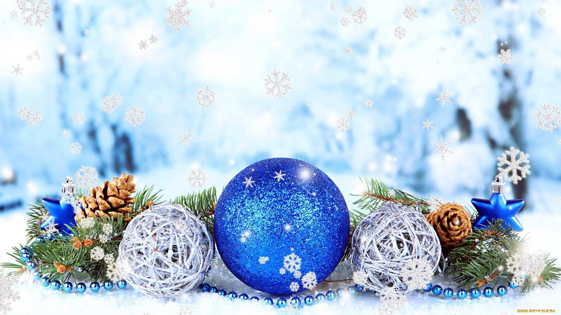 праздничные, украшения, снежинки, шишки, гирлянда, шары